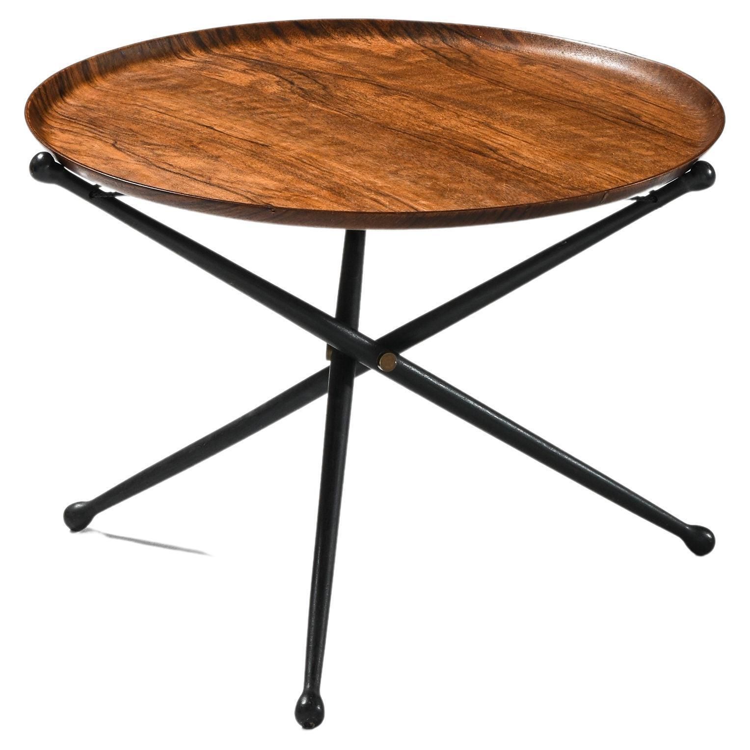 Rare Foldable Side Table In Rosewood, Brass And Black Lacquered Wood, 1950's