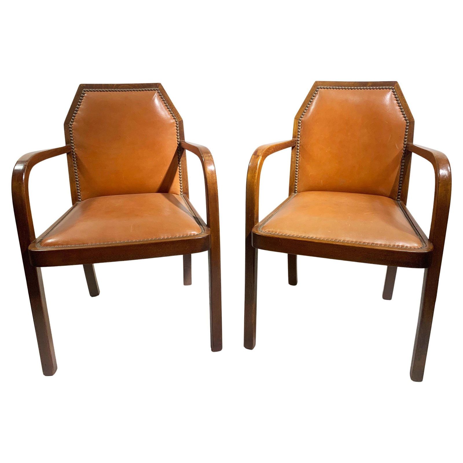 Pair Of Art Deco Bridge/ Armchairs, In Leather,  France, Circa 1930's