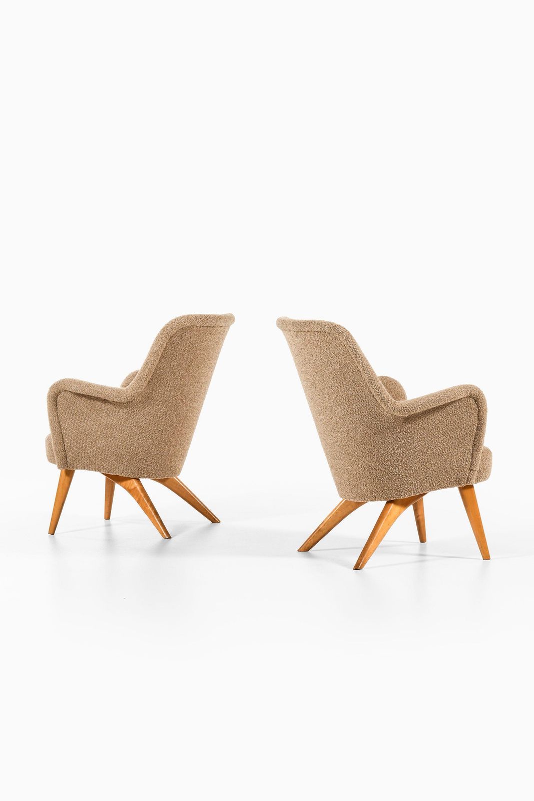 Pair Of Easy Chairs In Birch, Newly Reupholstered In Wool Fabric, 1950's photo for sale