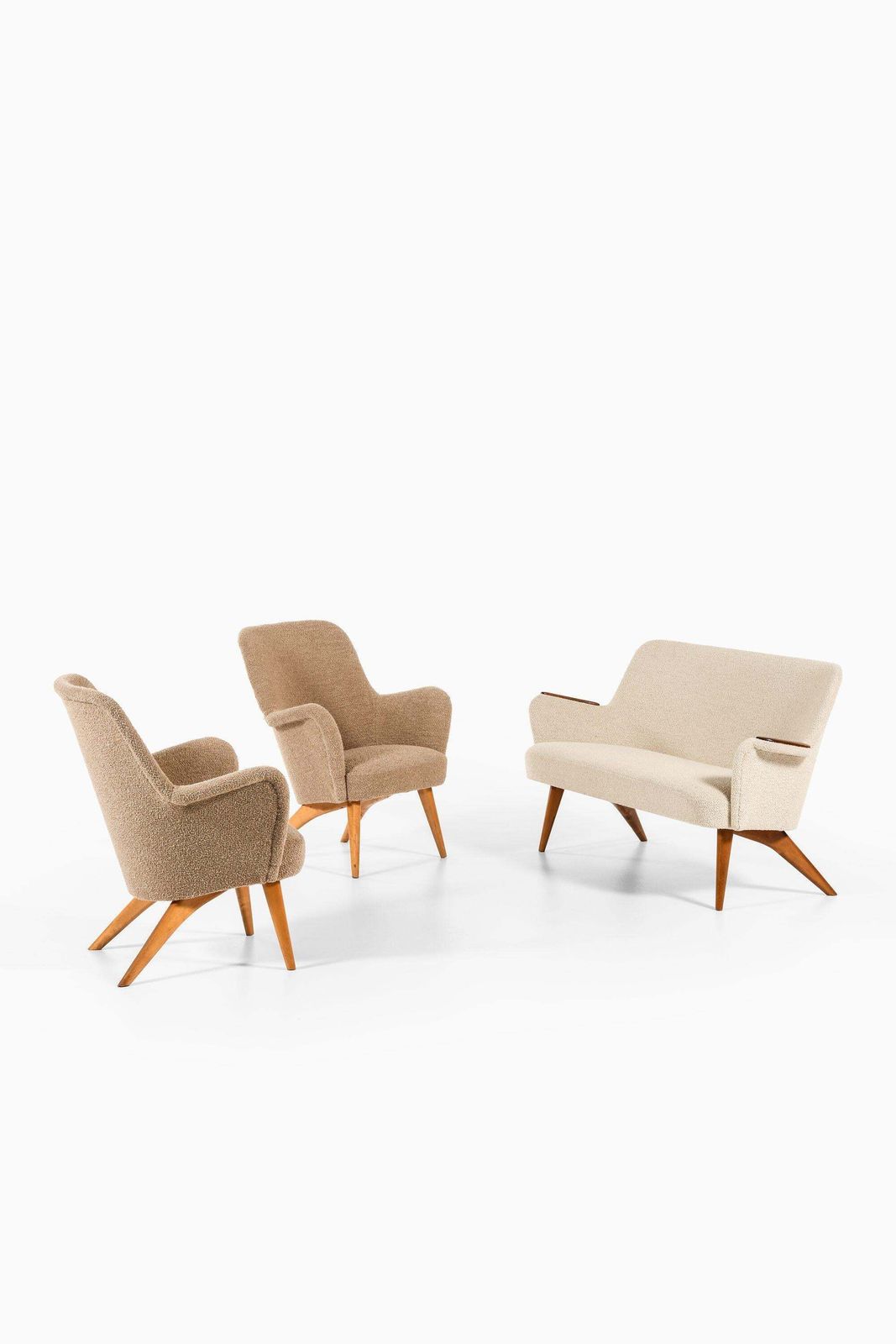 Pair Of Easy Chairs In Birch, Newly Reupholstered In Wool Fabric, 1950's photo buy