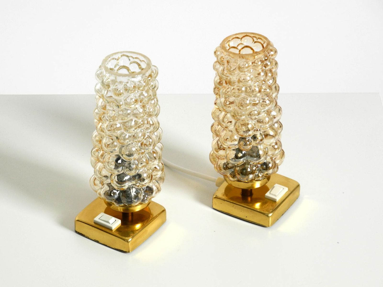 Two Rare 1960s Brass Bedside Lamps With Gold Bubble Glass Shades photo furniture