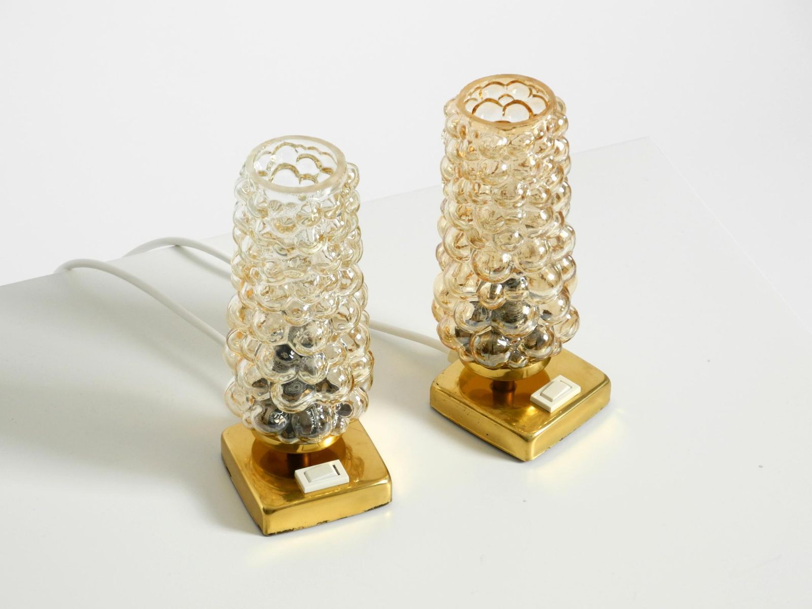 Two Rare 1960s Brass Bedside Lamps With Gold Bubble Glass Shades photo for sale