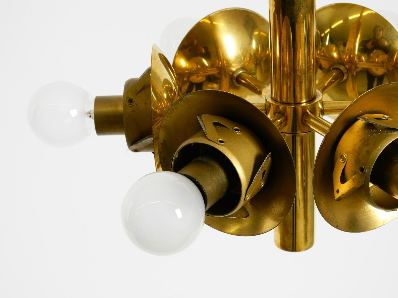 photo vinterior Beautiful 1960s Kaiser Leuchten Brass Ceiling Lamp With 6 Opal Glass Shades