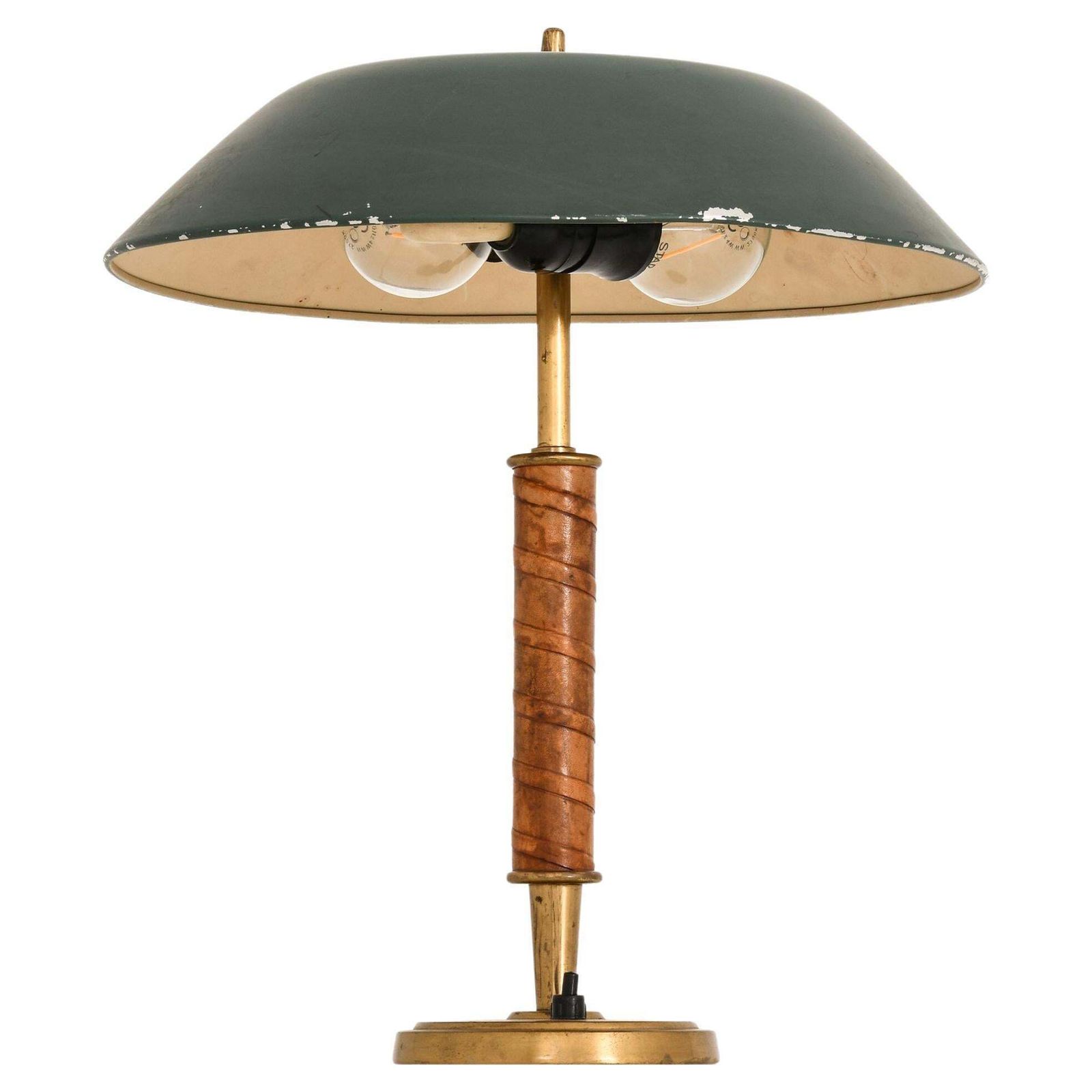 Rare Table Lamp In Brass, Leather And Original Lamp Shade, 1950's