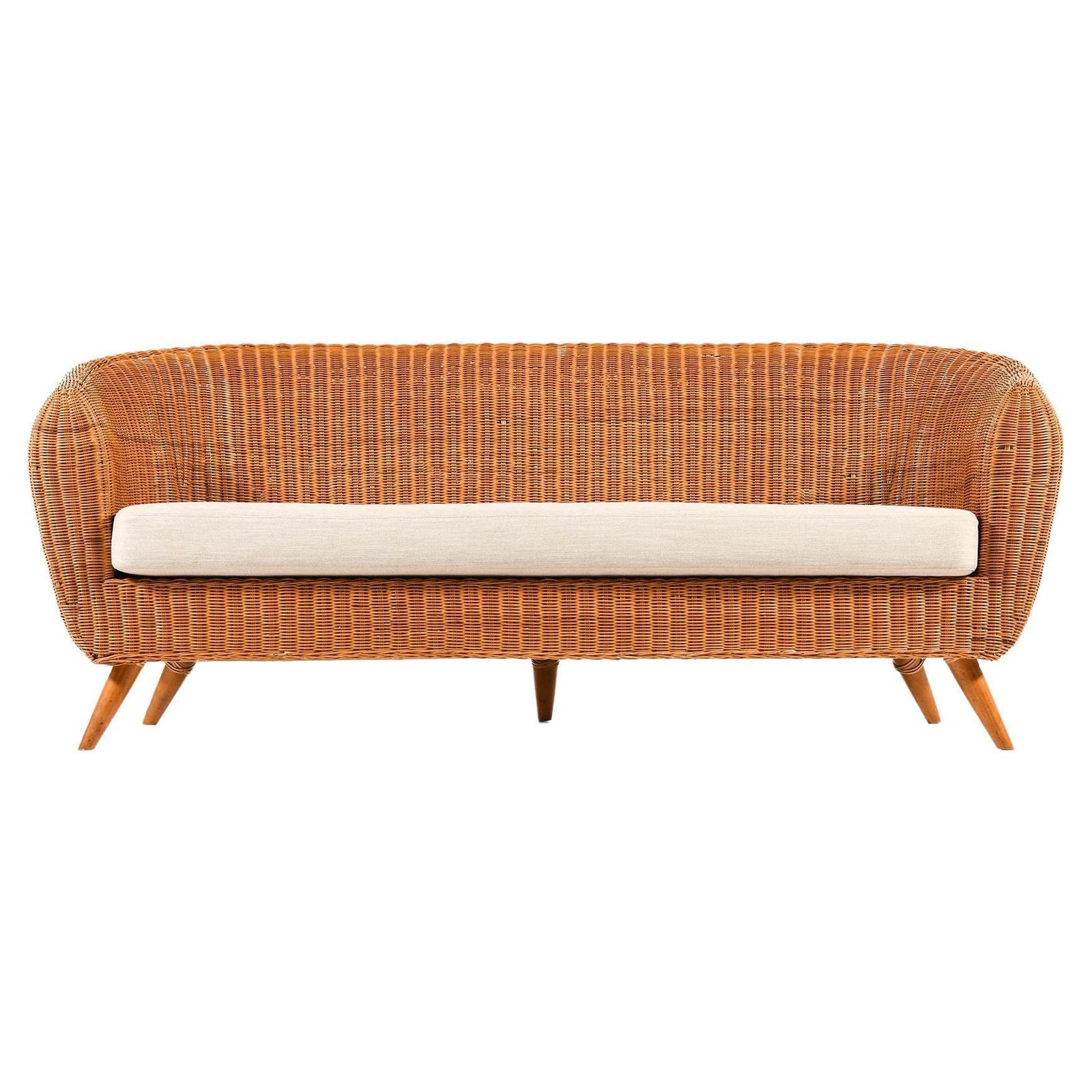 Freestanding Sofa In Rattan, Beech And Reupholstered Fabric, 1960's