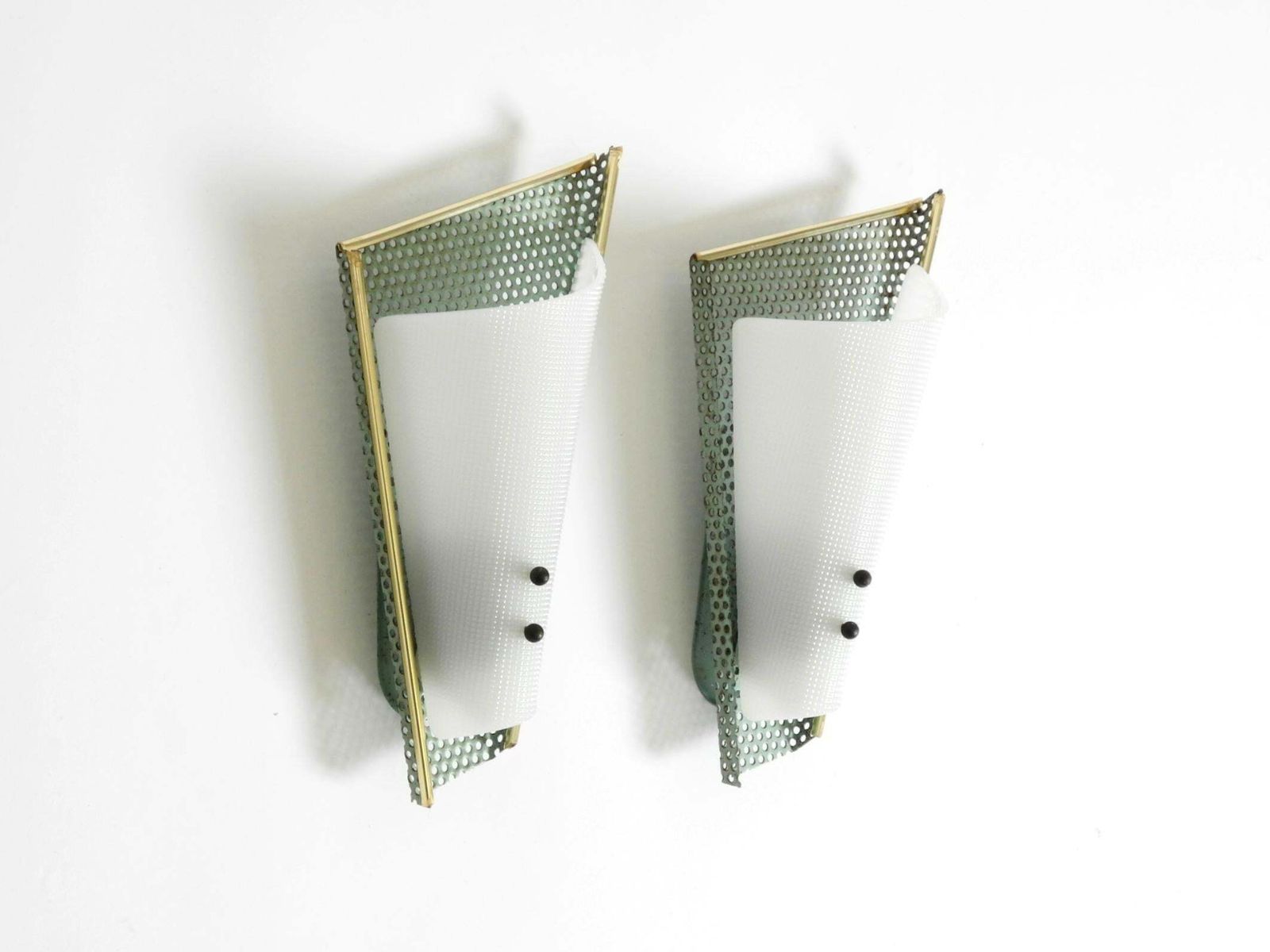 Pair Of Beautiful Mint Green Mid Century Modern Perforated Sheet Metal Wall Lamp photo for sale