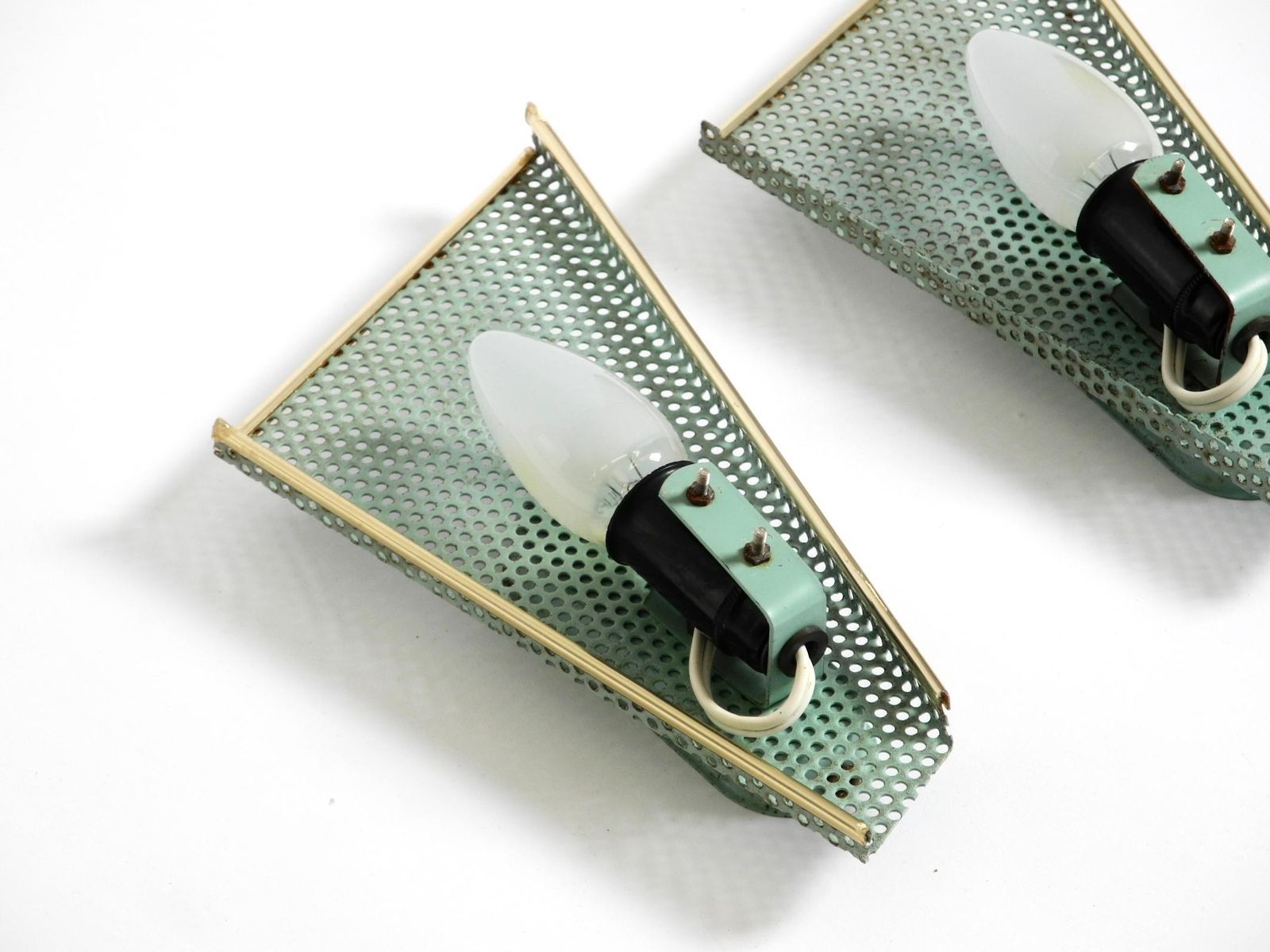 photo buy Pair Of Beautiful Mint Green Mid Century Modern Perforated Sheet Metal Wall Lamp