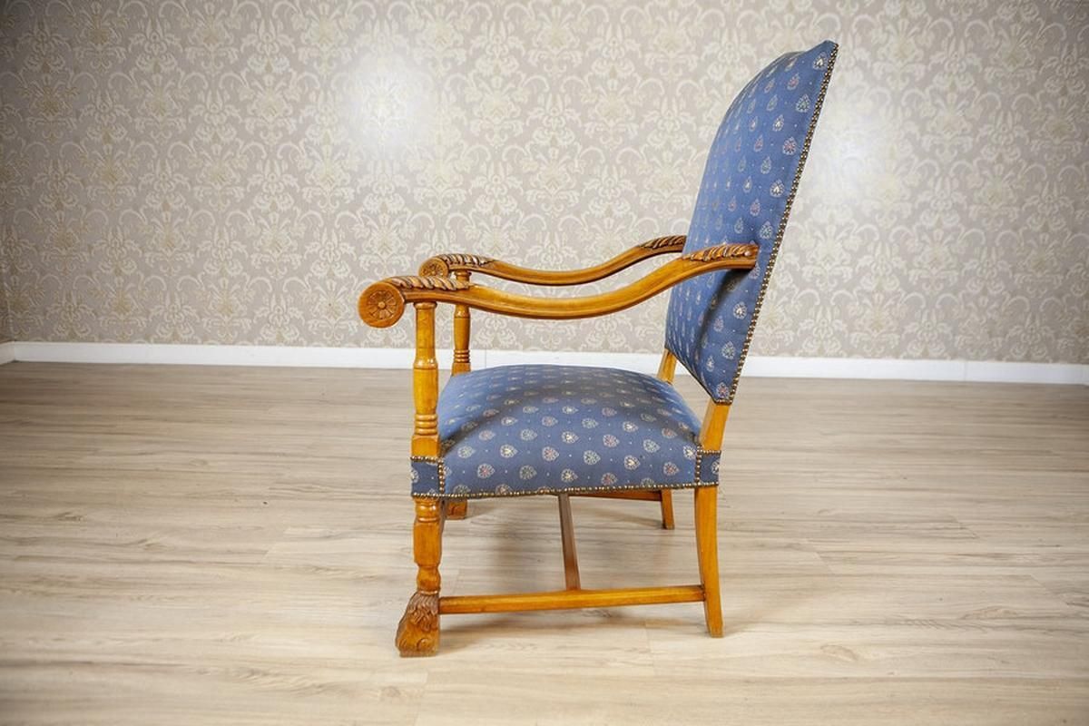 Stylized, Carved Walnut Armchair/Throne In Blue Upholstery, 1960s 1980s photo furniture