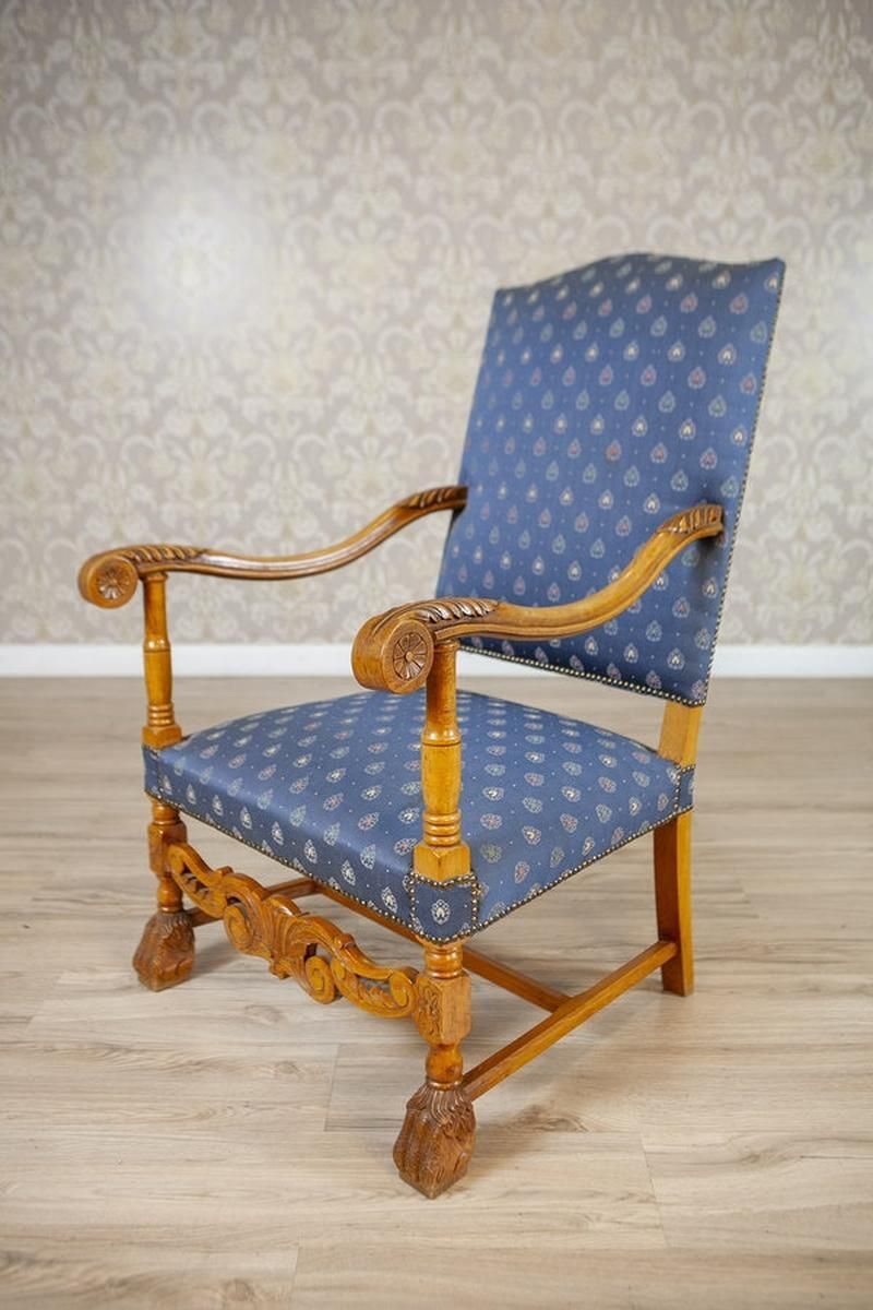Stylized, Carved Walnut Armchair/Throne In Blue Upholstery, 1960s 1980s photo for sale