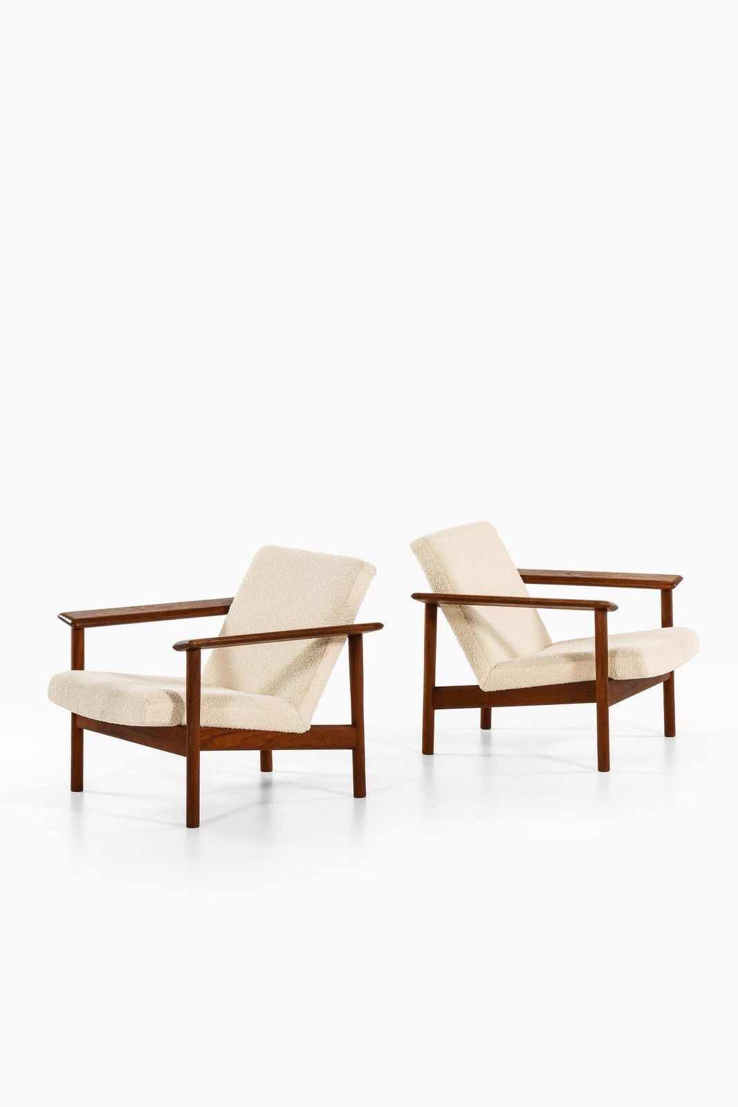 Pair Of Easy Chairs In Teak And Reupholstered In White Bouclé Fabric, 1950's photo furniture