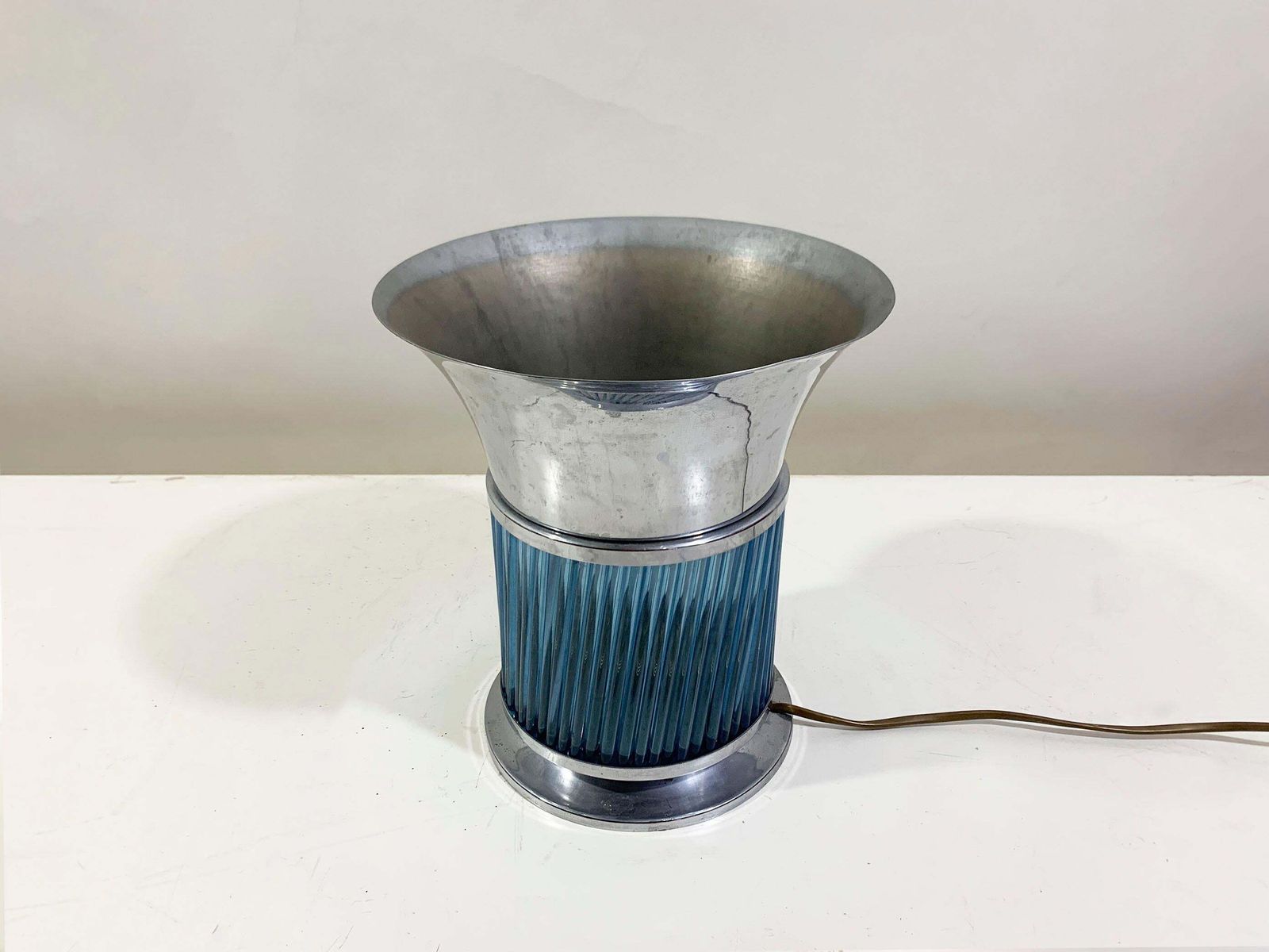 Art Deco Blue Glass & Metal Table Lamp, France, Circa 1930s, 24\" Dia photo furniture