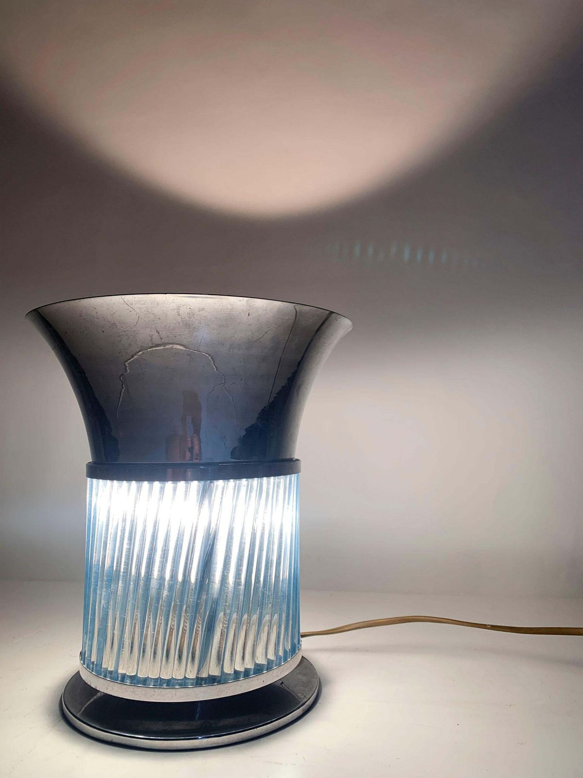 photo furniture Art Deco Blue Glass & Metal Table Lamp, France, Circa 1930s, 24\" Dia