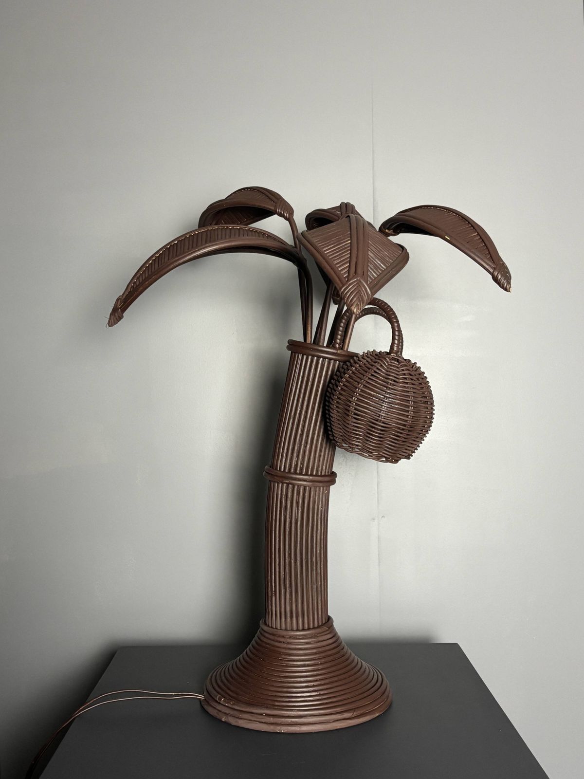 Pencil Reed Rattan Bamboo Palm Tree Coconut Table Lamp Maro Lopez Style 70s photo 640.0