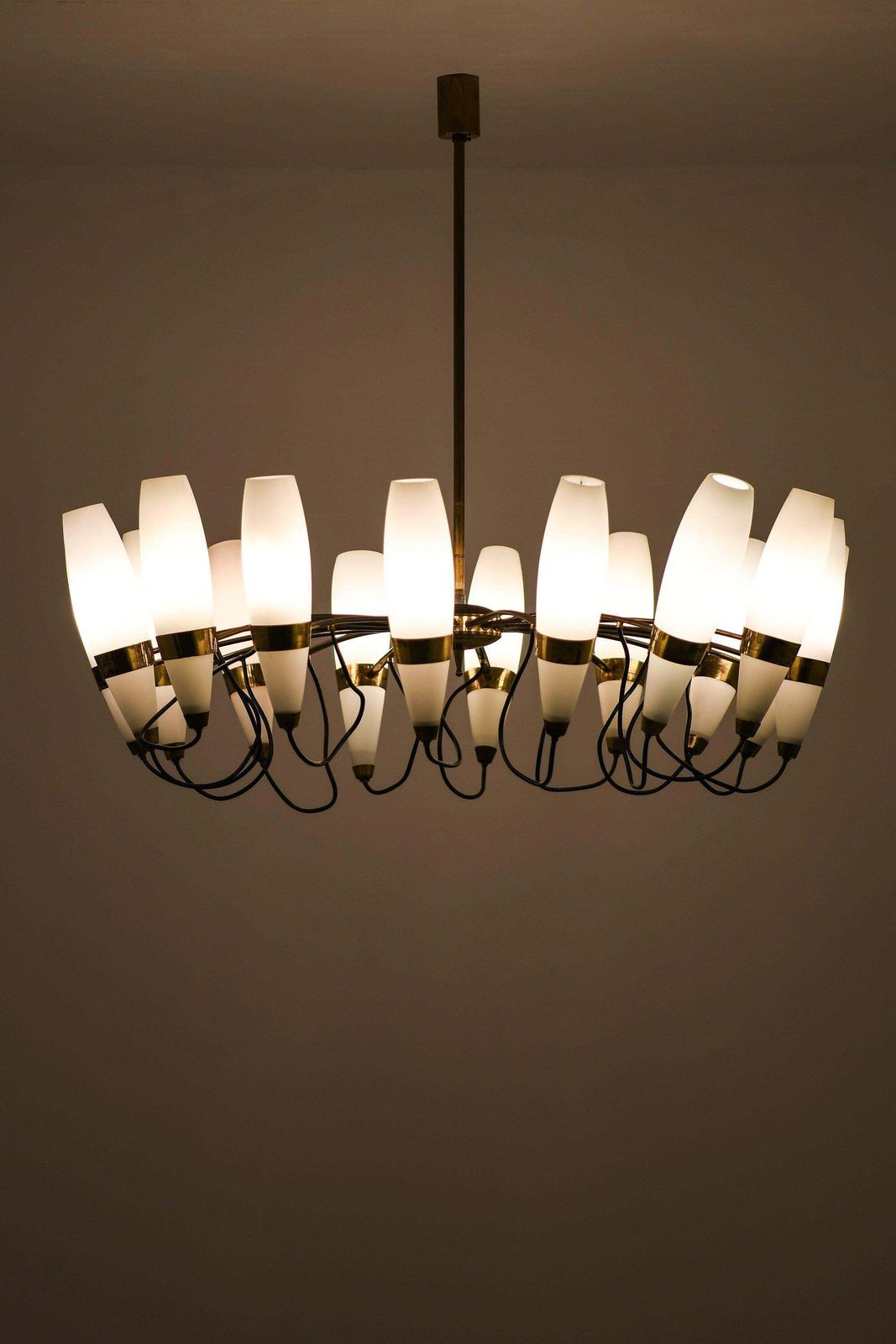Large Ceiling Lamp In Opaline Glass And Brass, 1950's photo for sale