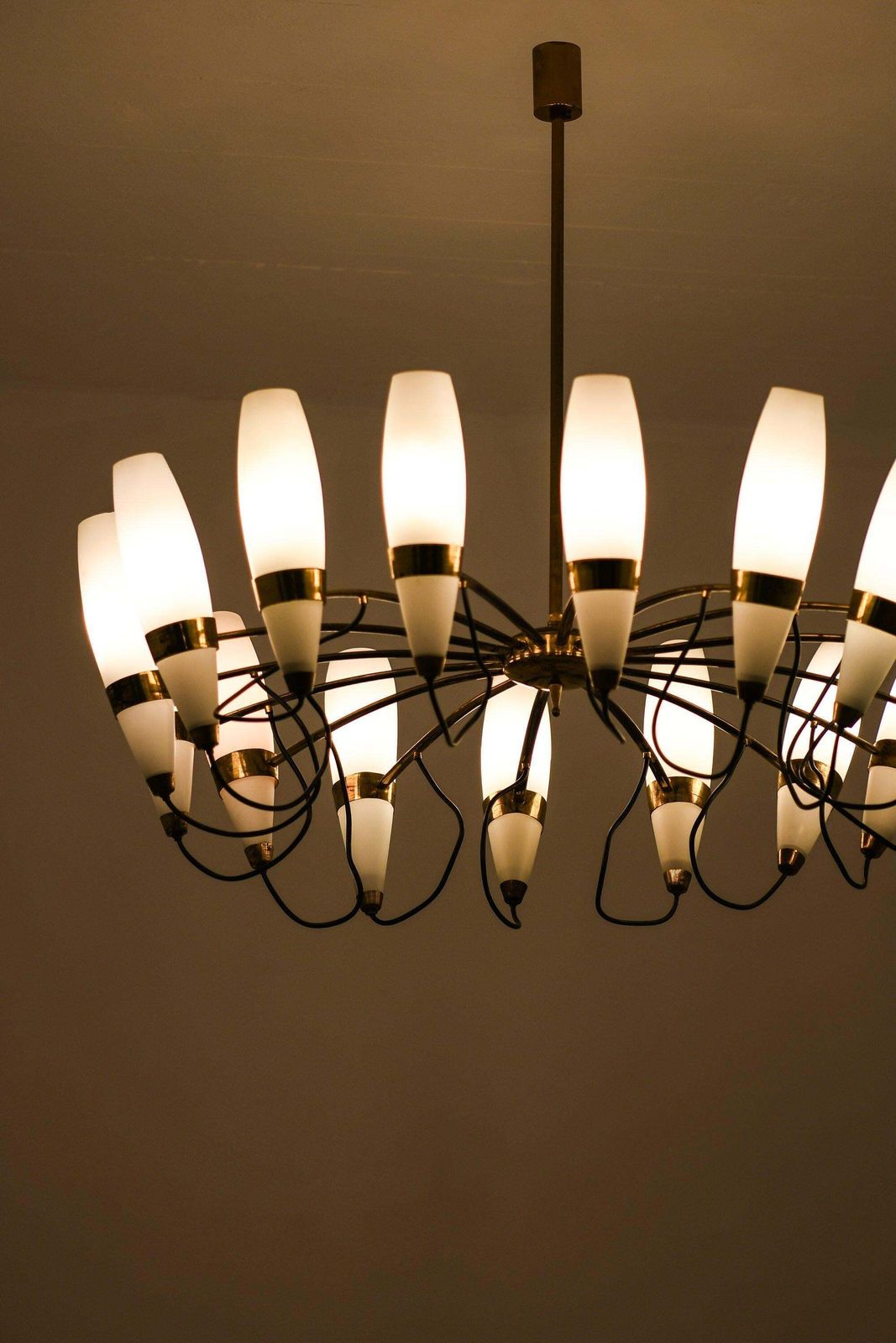 Large Ceiling Lamp In Opaline Glass And Brass, 1950's photo Lighting
