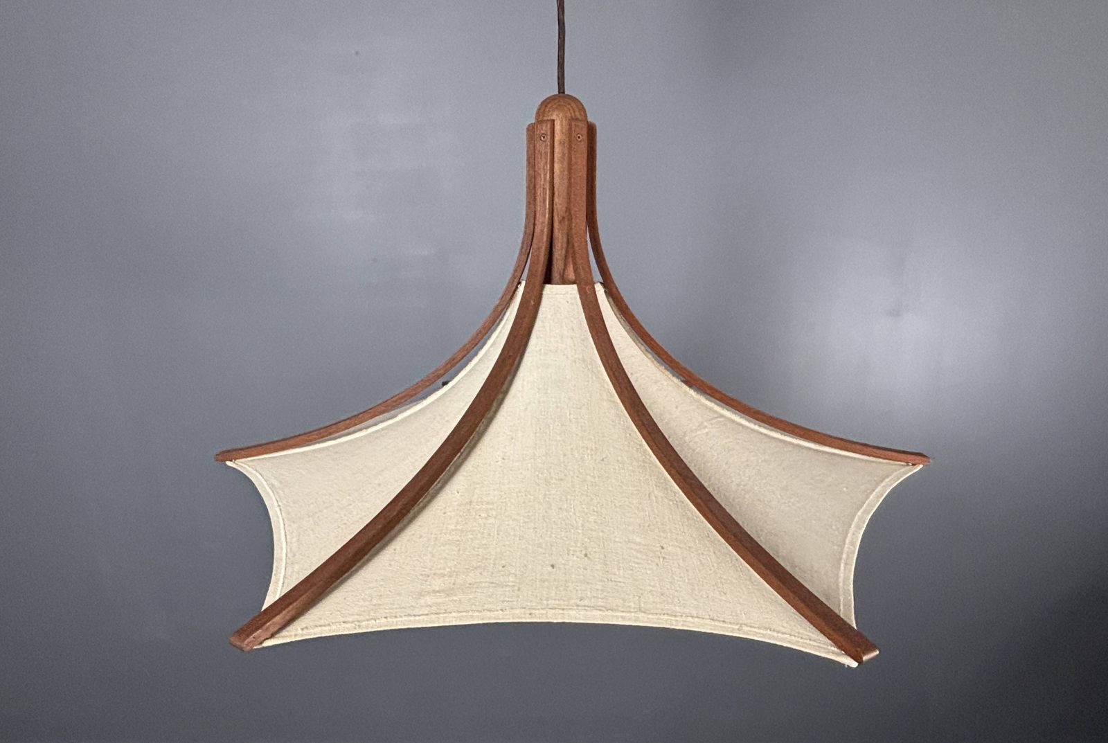Teak And Linen Umbrella Counter Balance Pendant By Domus, 1970s photo furniture
