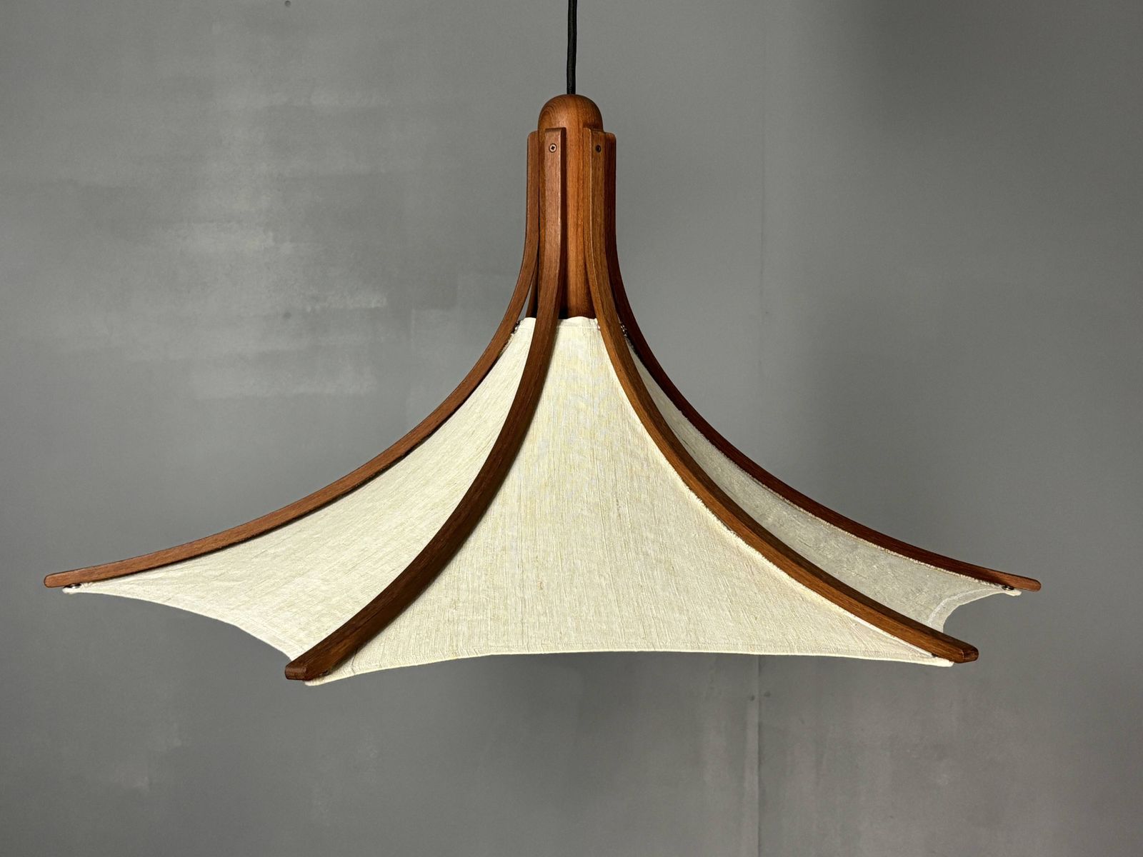 Teak And Linen Umbrella Counter Balance Pendant By Domus, 1970s photo Furniture