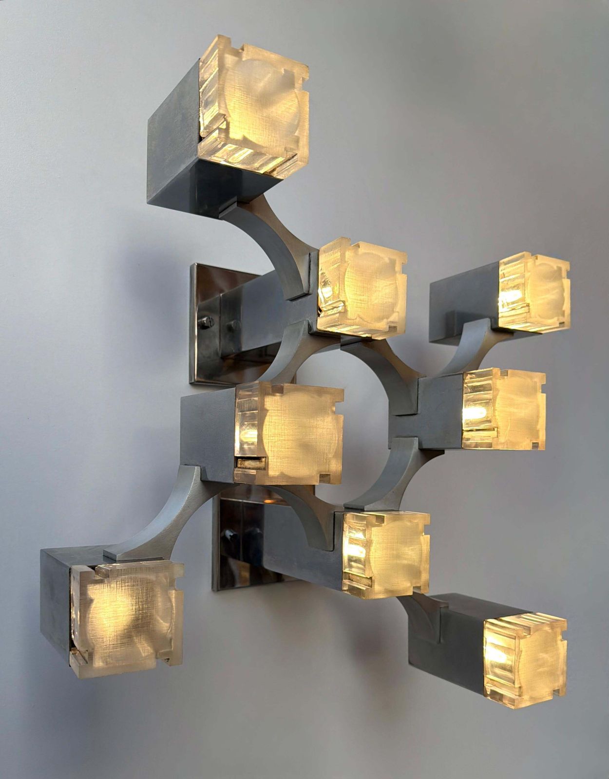 Pair Of Sconces Cubic Metal Chrome And Lucite By Sciolari, Italy, 1970s photo furniture