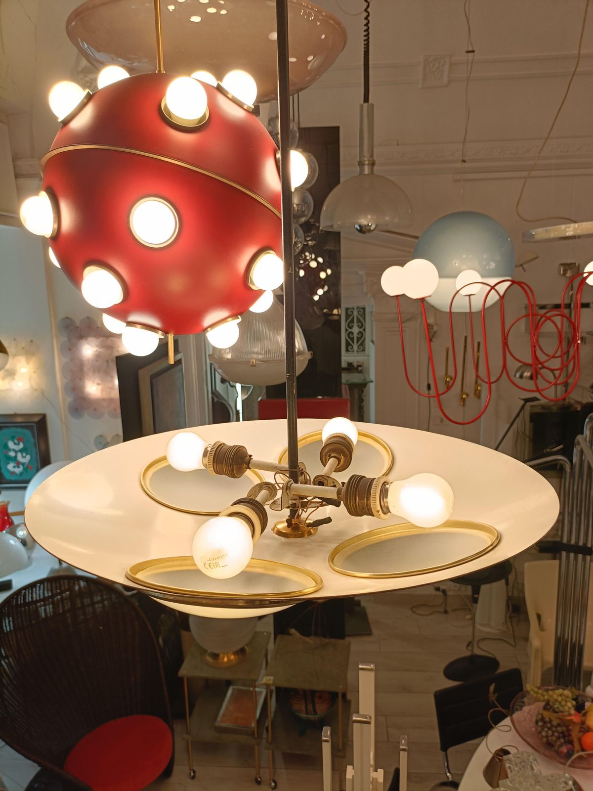 Lumen Milano Lampada A Sospensione In Metallo Laccato Bordeaux, Italia 1950s photo vintage
