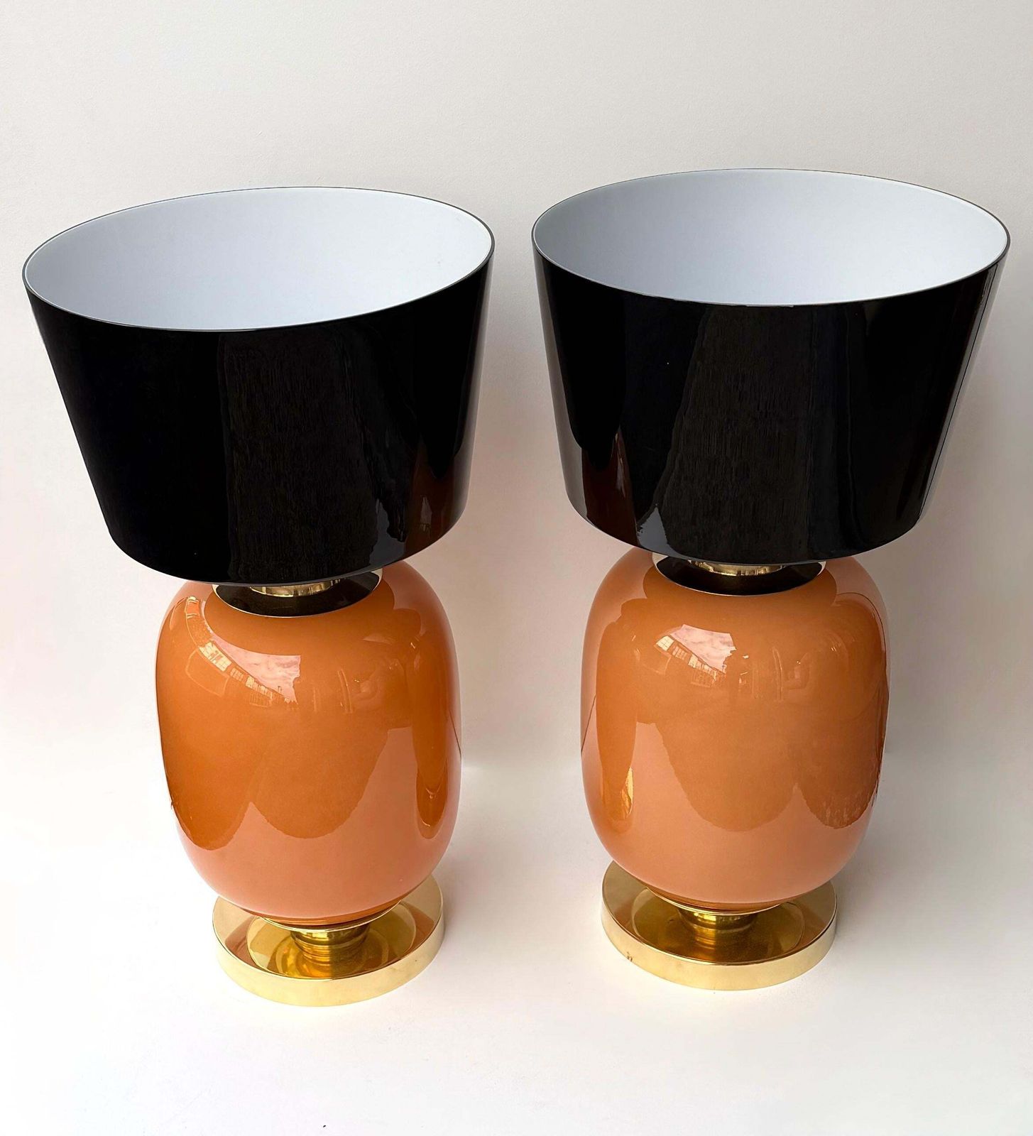 photo furniture Contemporary Pair Of Brass And Peach Murano Glass Black Shades Lamps, Italy