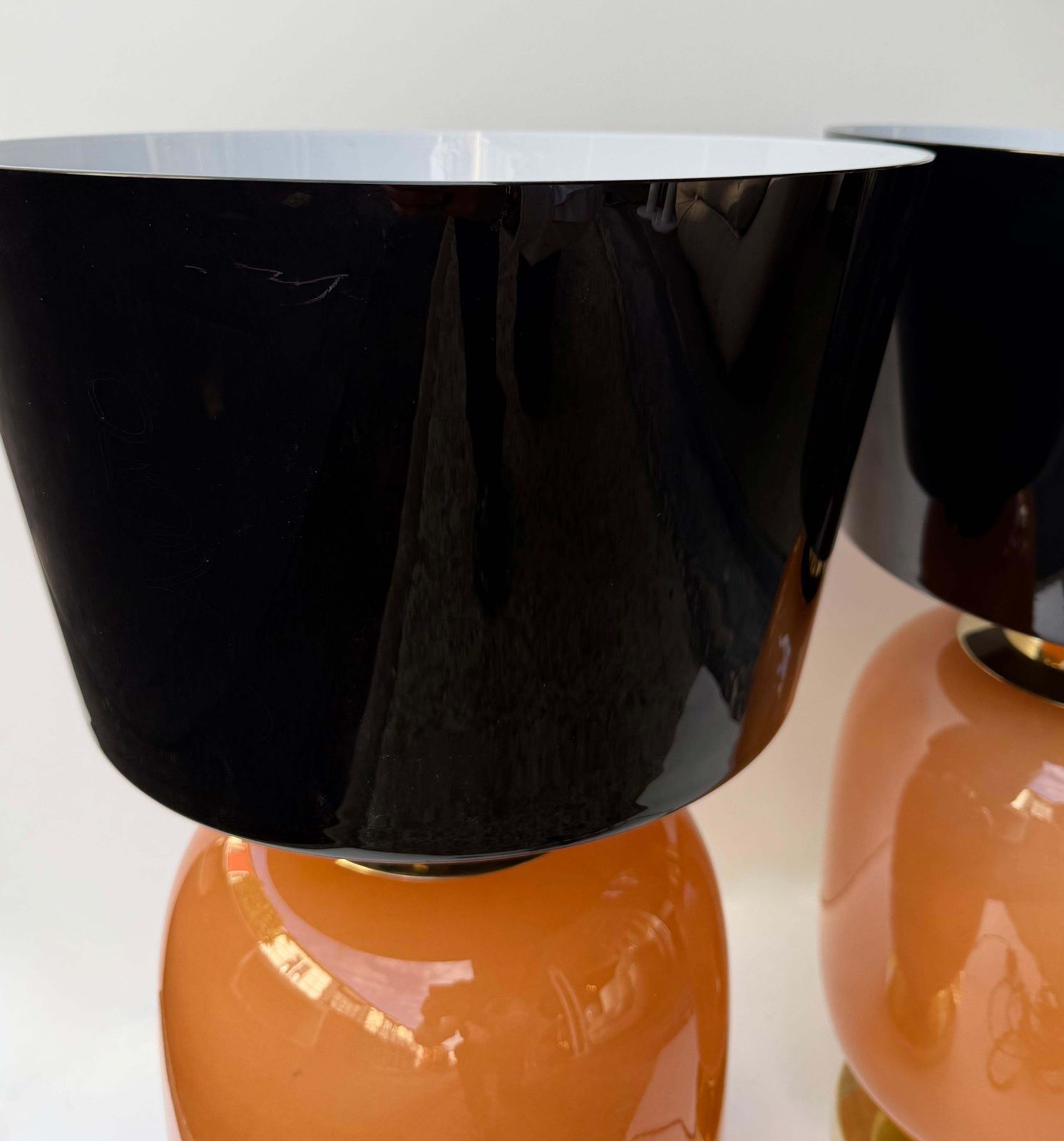 Lighting Contemporary Pair Of Brass And Peach Murano Glass Black Shades Lamps, Italy photo