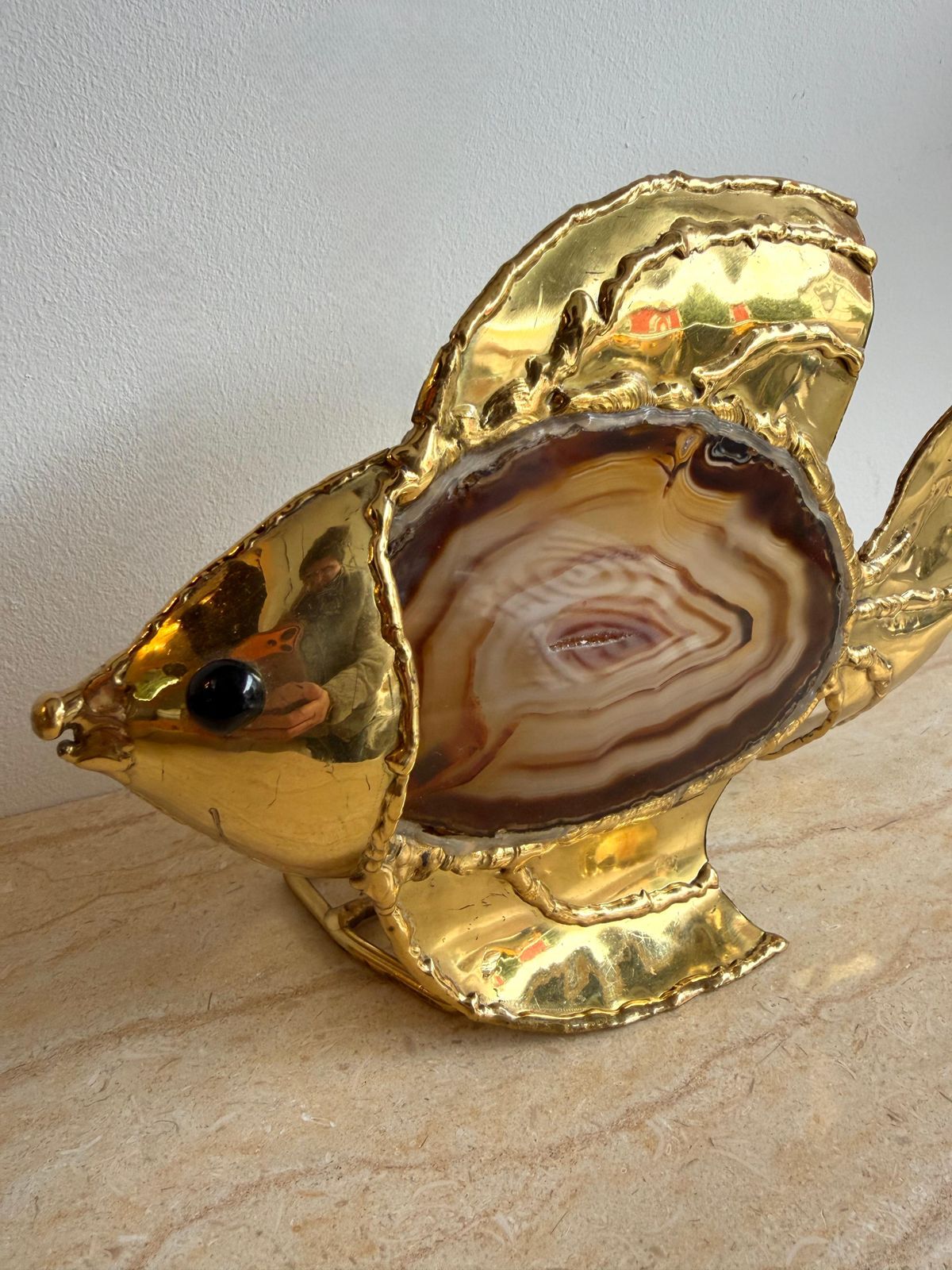 Pair Of Brass Agate Fish Lamps By Henri Fernandez, France, 1980s photo buy