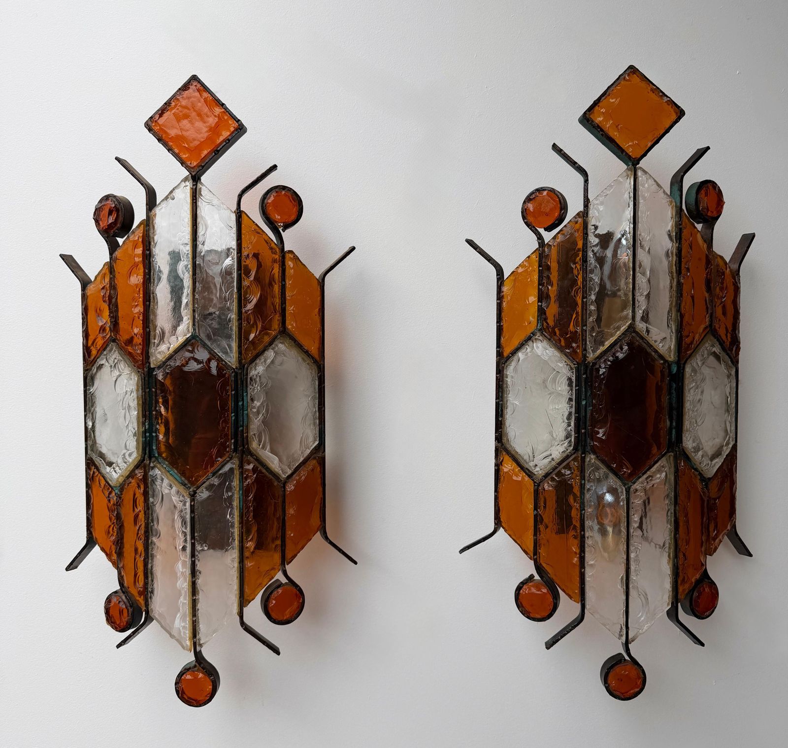 photo furniture Pair Of Hammered Glass Wrought Iron Sconces By Longobard, Italy, 1970s