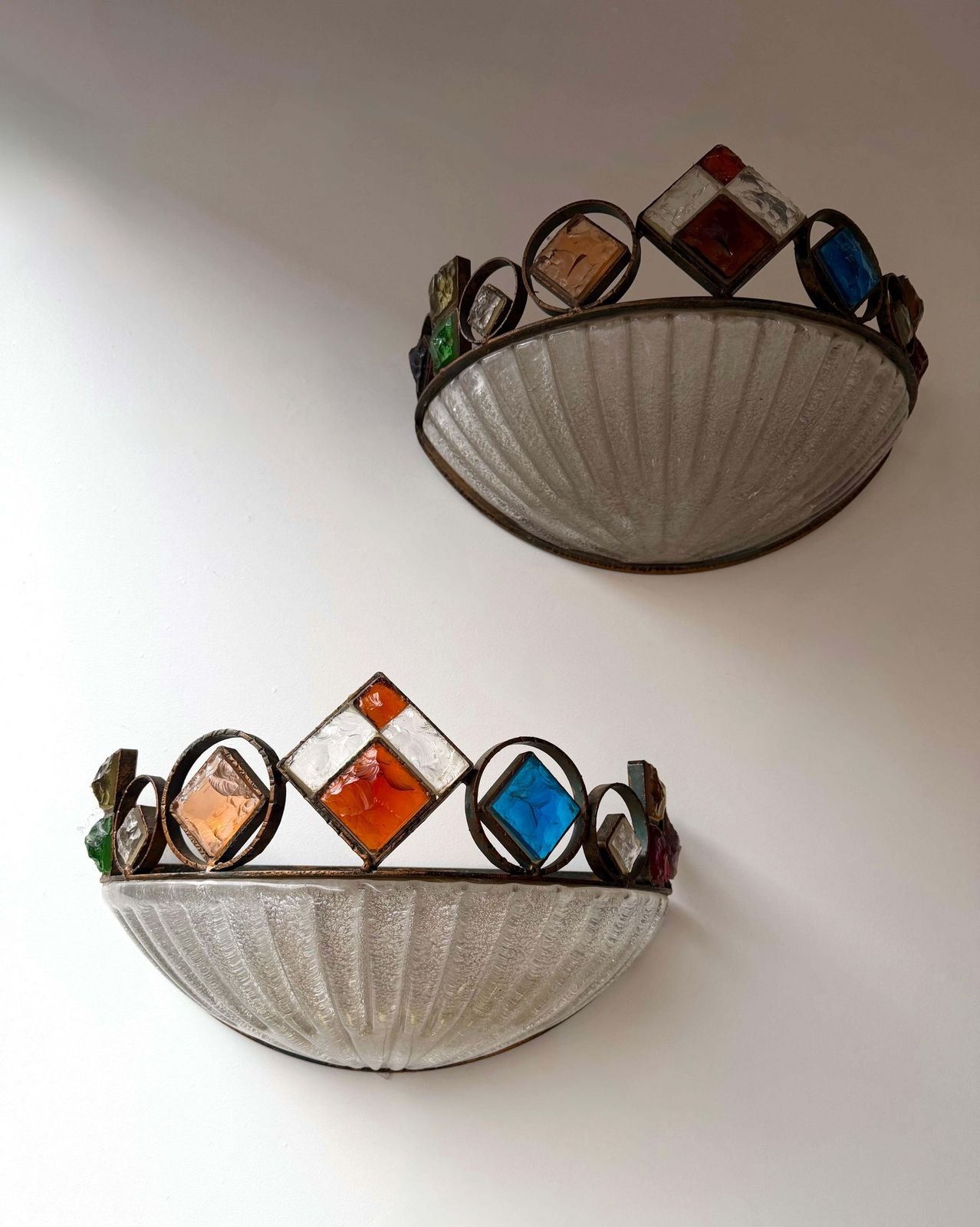 Hammered Glass Wrought Iron Murano Glass Sconce By Longobard, Italy, 1970s photo for sale