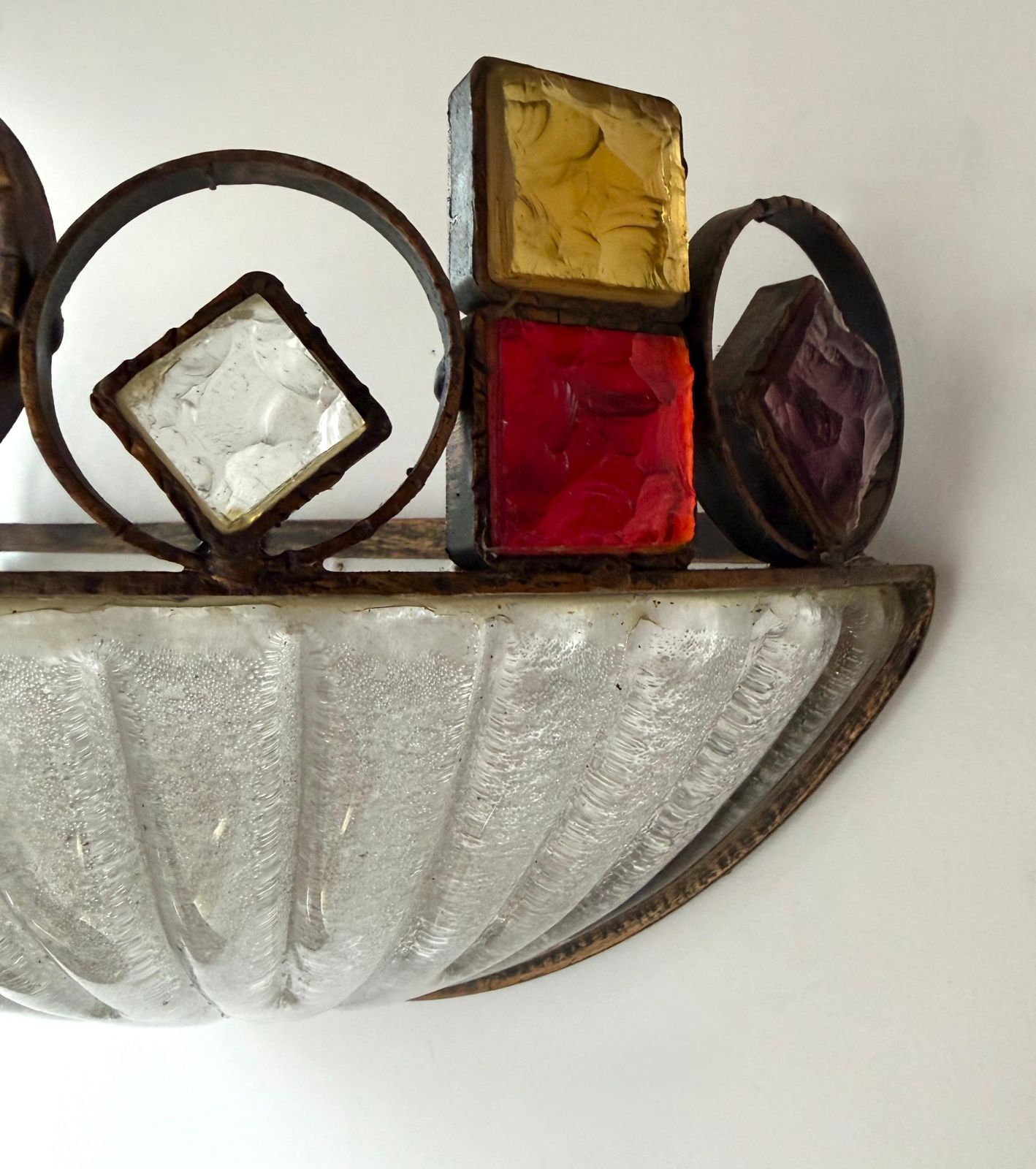 Lighting Hammered Glass Wrought Iron Murano Glass Sconce By Longobard, Italy, 1970s photo
