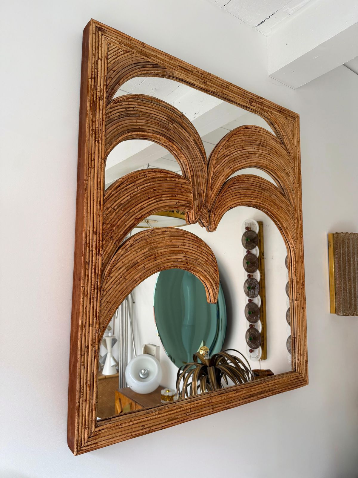 Large Rattan Palm Tree Mirror By Vivai Del Sud. Italy, 1970s photo vintage