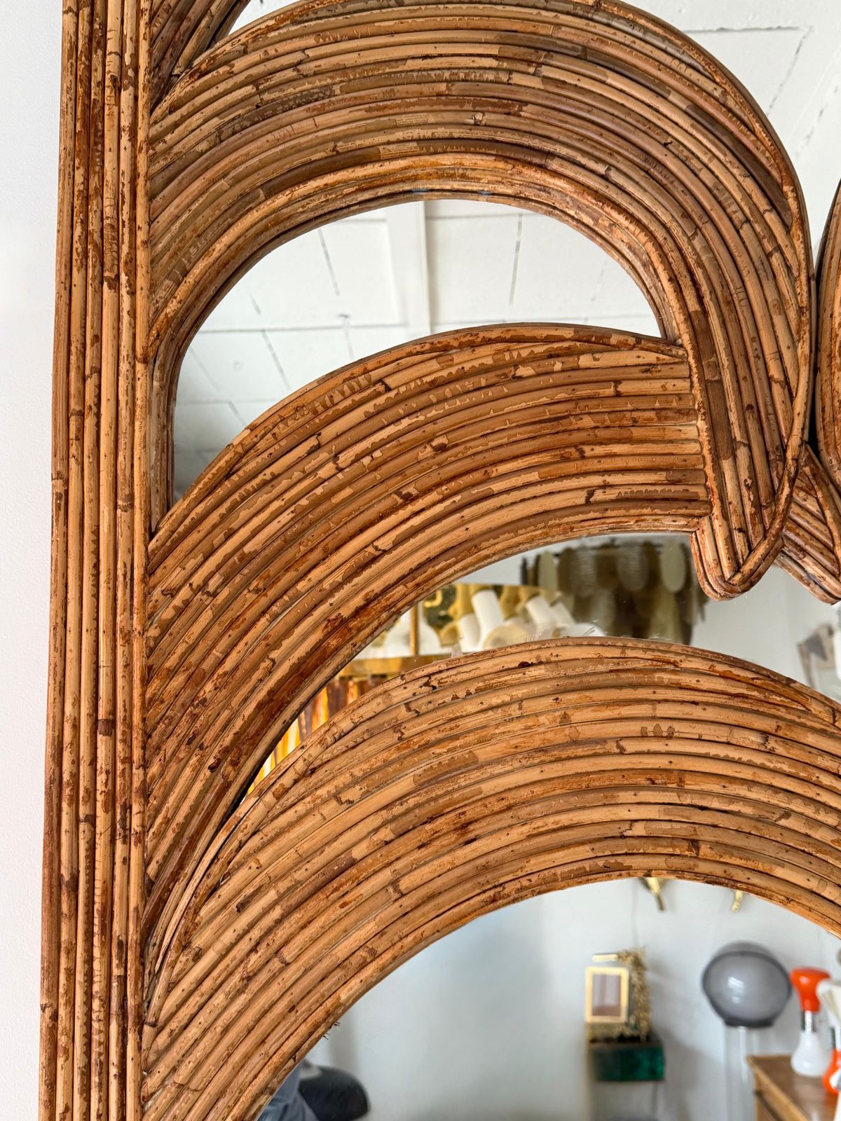 photo for sale Large Rattan Palm Tree Mirror By Vivai Del Sud. Italy, 1970s