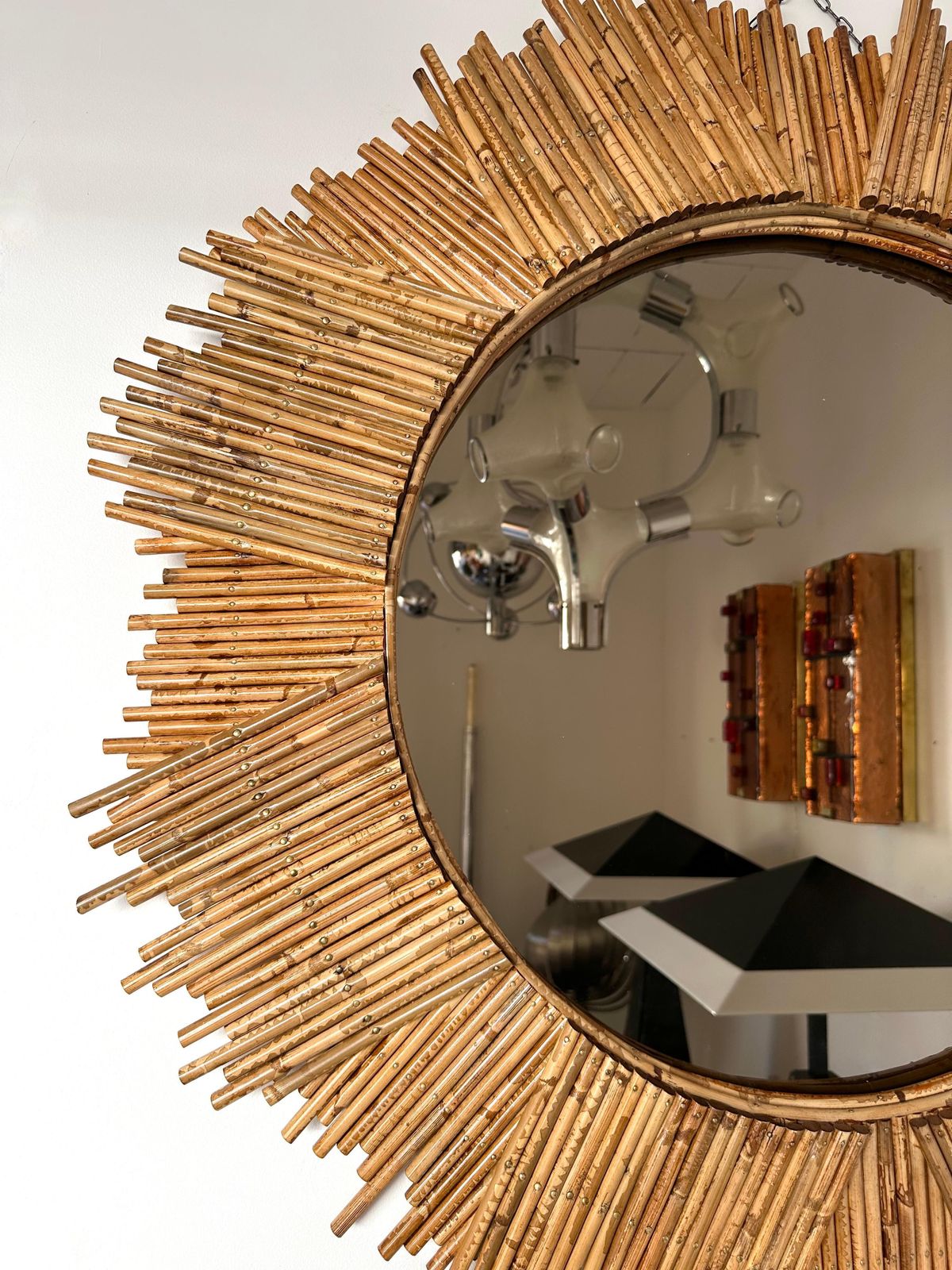 Rattan Sun Mirror By Vivai Del Sud. Italy, 1970s photo vintage