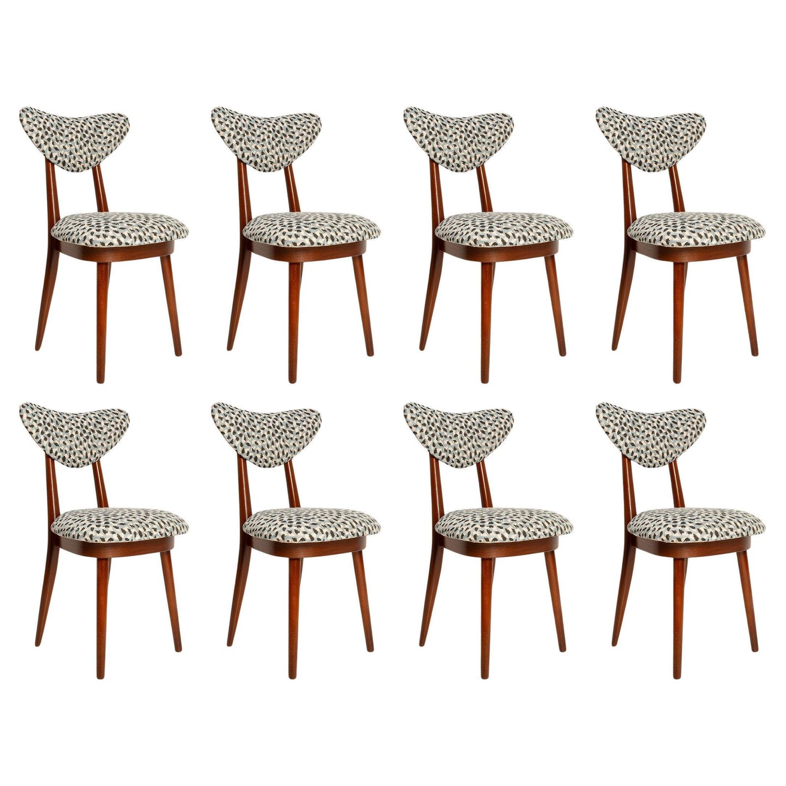 Eight Mid Century Heart Chairs In Blue Leopard By Pierre Frey, Europe, 1960s