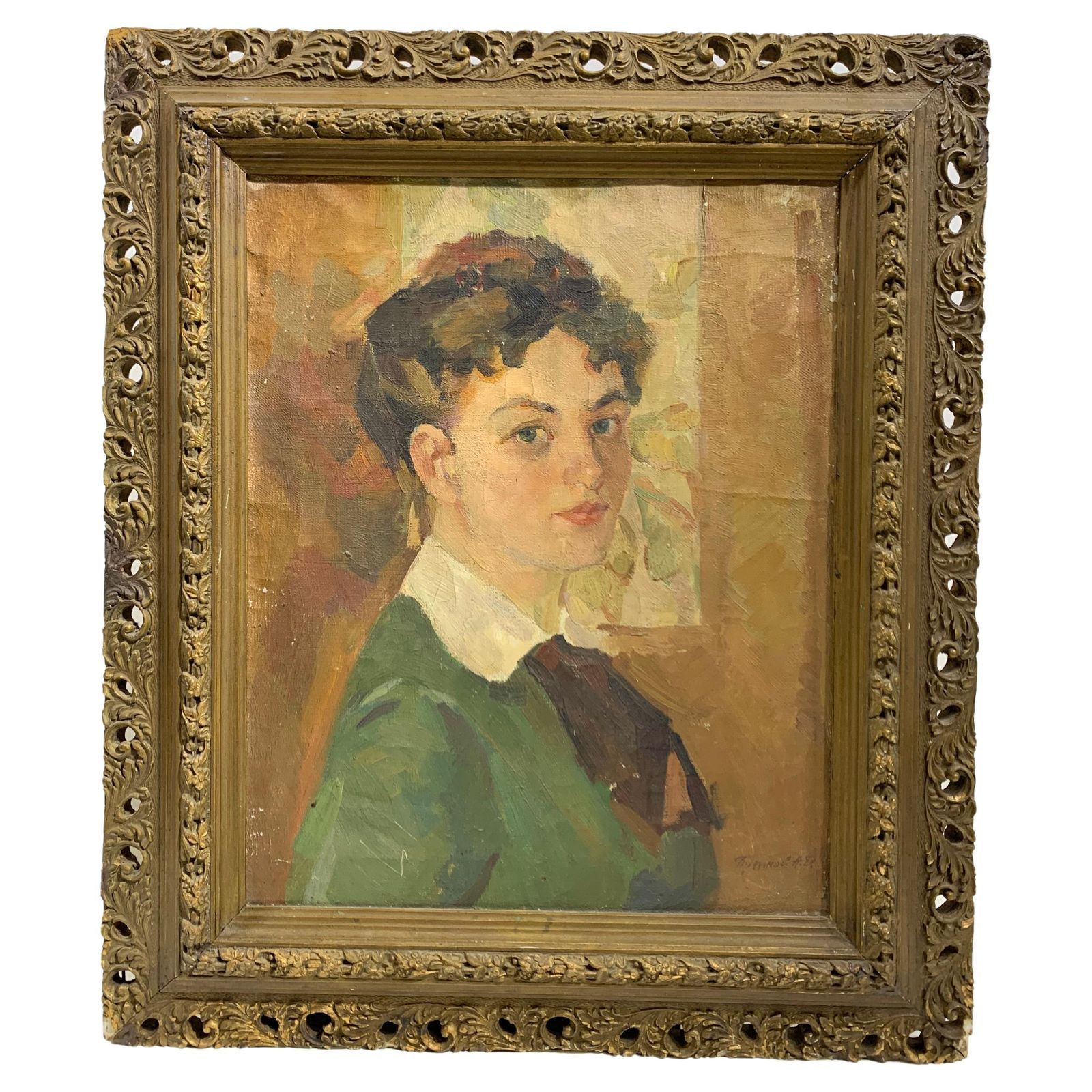 Mid 19th Century Signed Oil On Canvas Portrait Of Bourgeois Woman