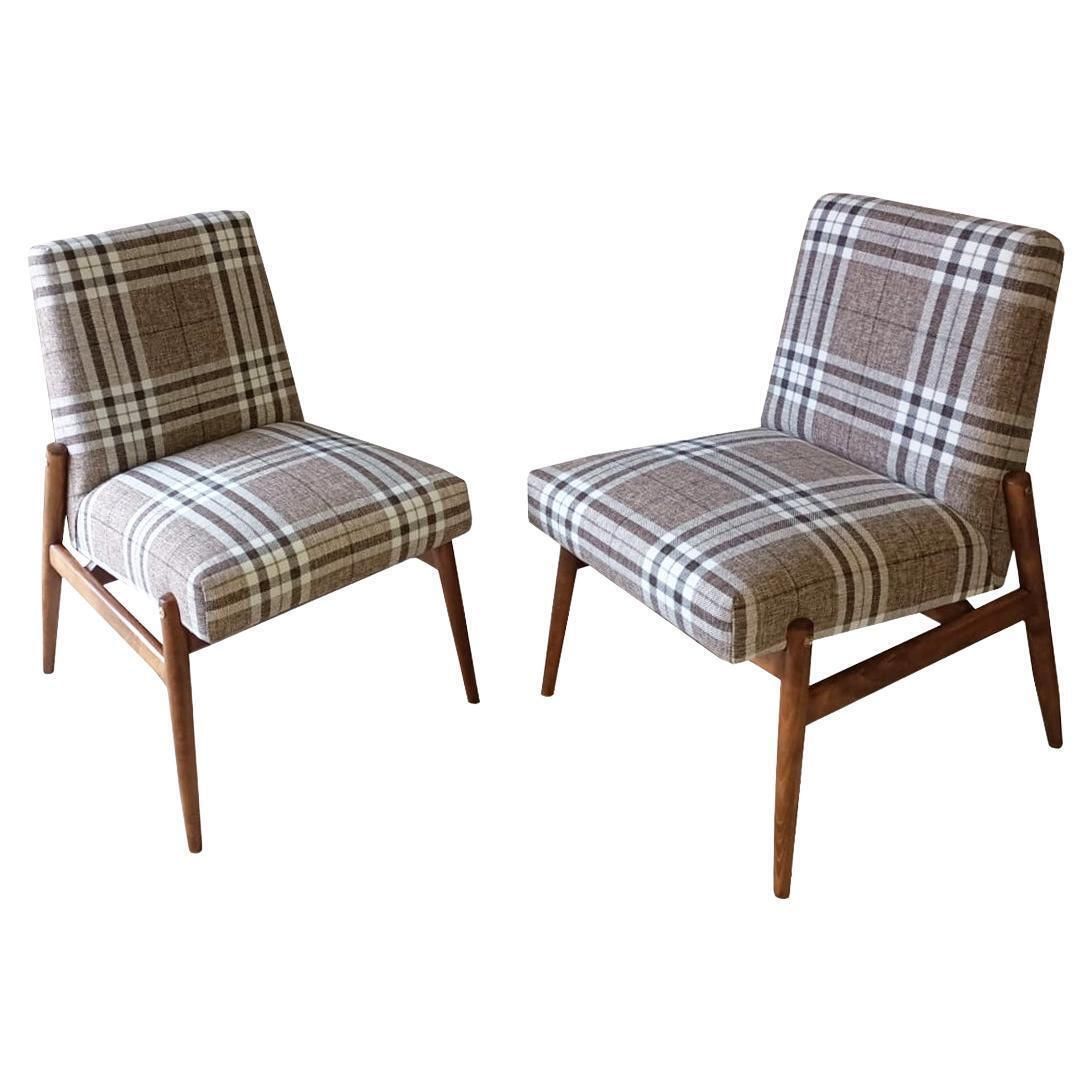 Pair Of Mid Century Beige Checkered Fabric Armchairs, Europe, 1960s