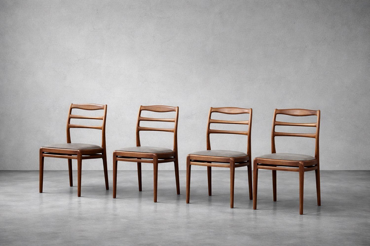 Mid Century Modern Danish Teak & Grey Fabric Chairs, 1960s, Set Of 4