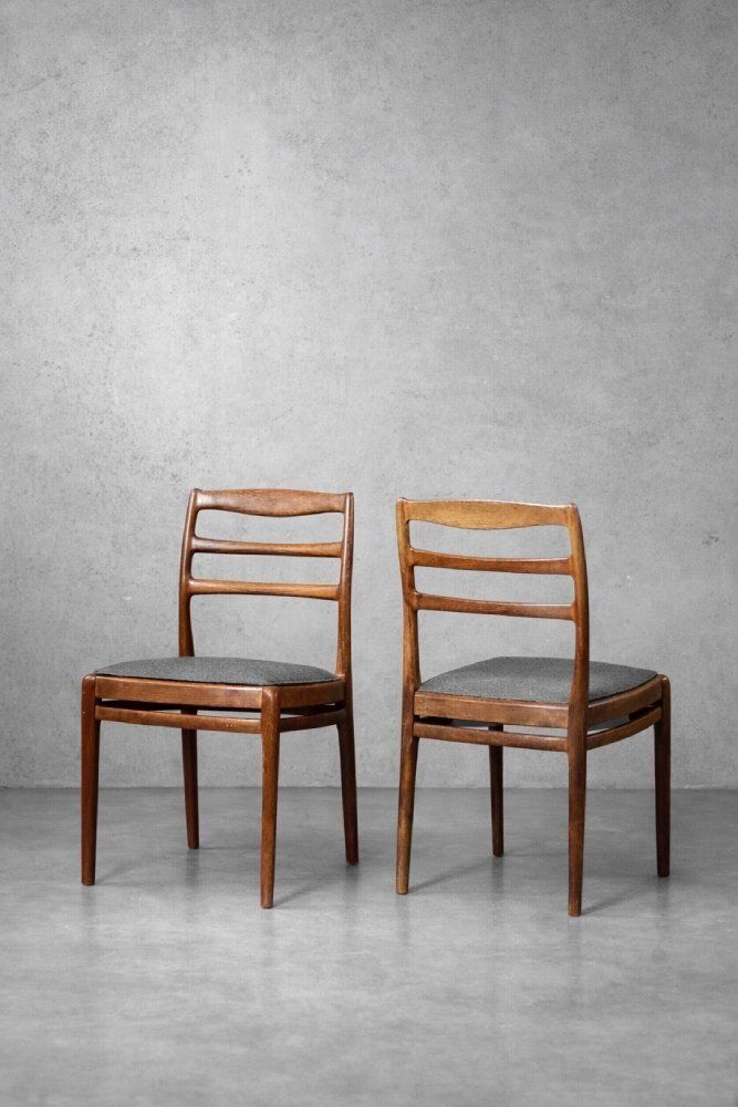 Mid Century Modern Danish Teak & Grey Fabric Chairs, 1960s, Set Of 4 photo for sale