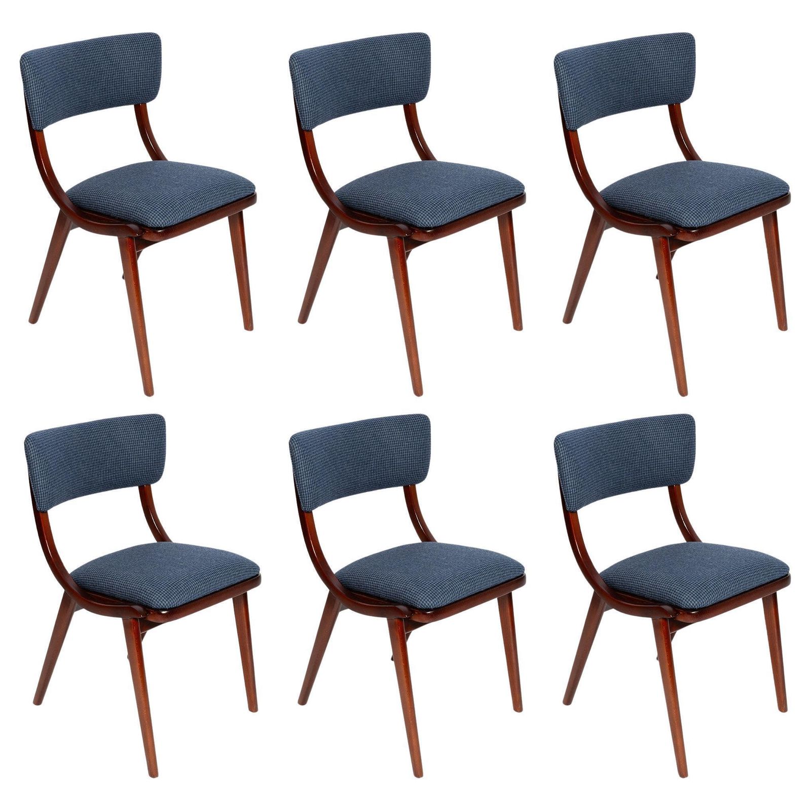 Six Mid Century Modern Bumerang Chairs, Navy Cheerful Check Wool, Poland, 1960s
