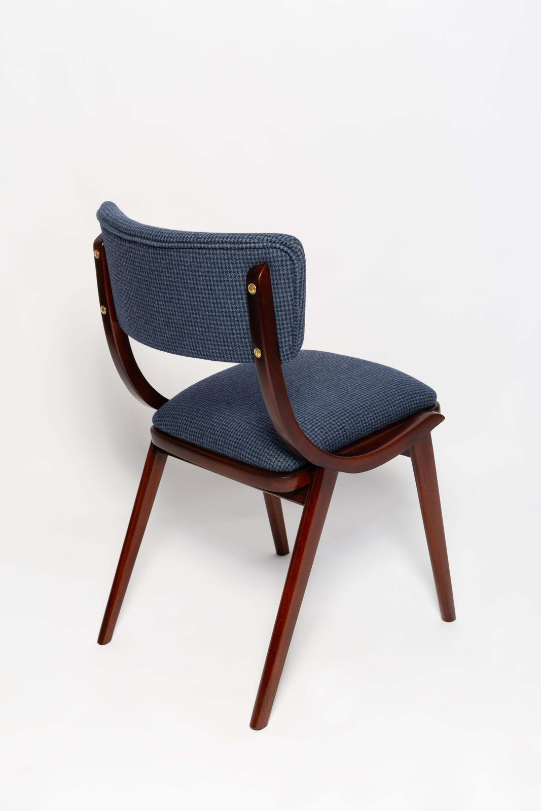 Six Mid Century Modern Bumerang Chairs, Navy Cheerful Check Wool, Poland, 1960s photo Furniture