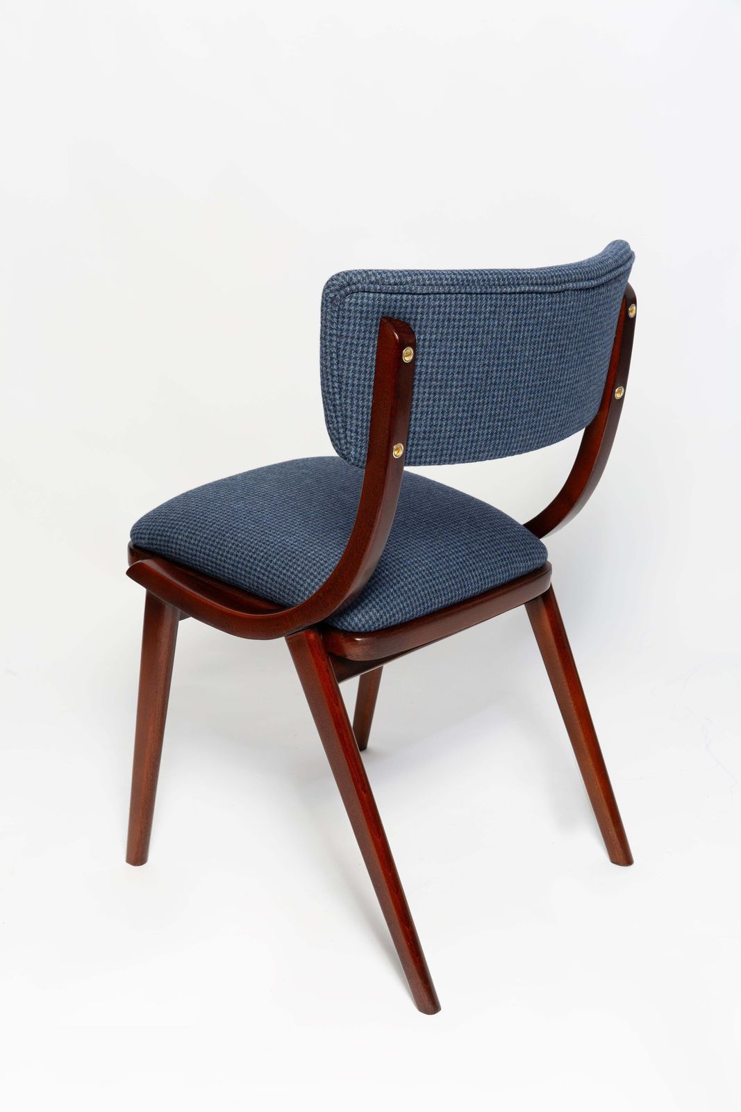 Six Mid Century Modern Bumerang Chairs, Navy Cheerful Check Wool, Poland, 1960s photo buy