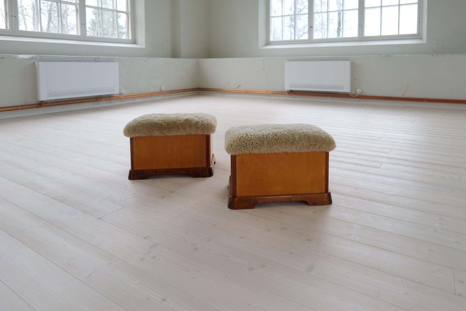 Swedish Art Deco Stools In Lacquered Birch And Sheepskin/Shearling Seat 1940s photo furniture