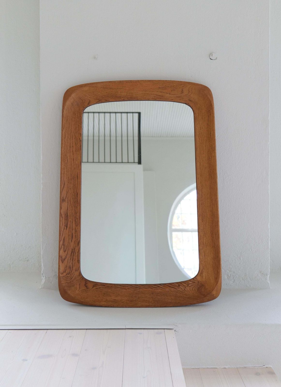 Midcentury Modern Sculptural Wall Mirror In Stained Oak, Glass, Glas & Trä 1959 photo vintage