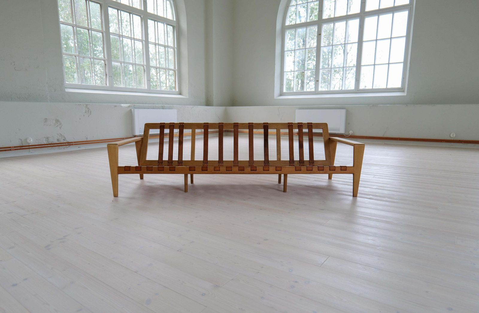 Furniture Midcentury Large Sofa "Bodö" Oak, Leather And Wool, Svante Skogh, Sweden, 1960s photo