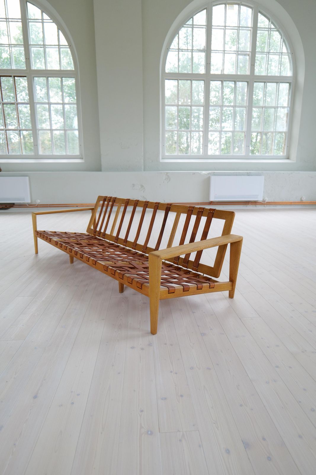 photo vinterior Midcentury Large Sofa "Bodö" Oak, Leather And Wool, Svante Skogh, Sweden, 1960s
