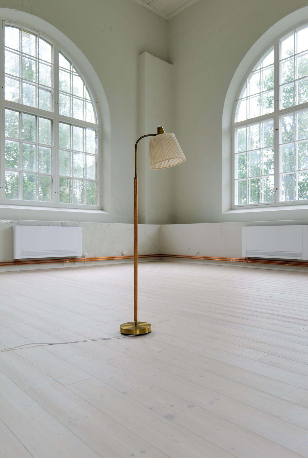 photo furniture Mid Century Brass Brown Leather Floor Lamp Falkenbergs Belysning, Sweden, 1960s