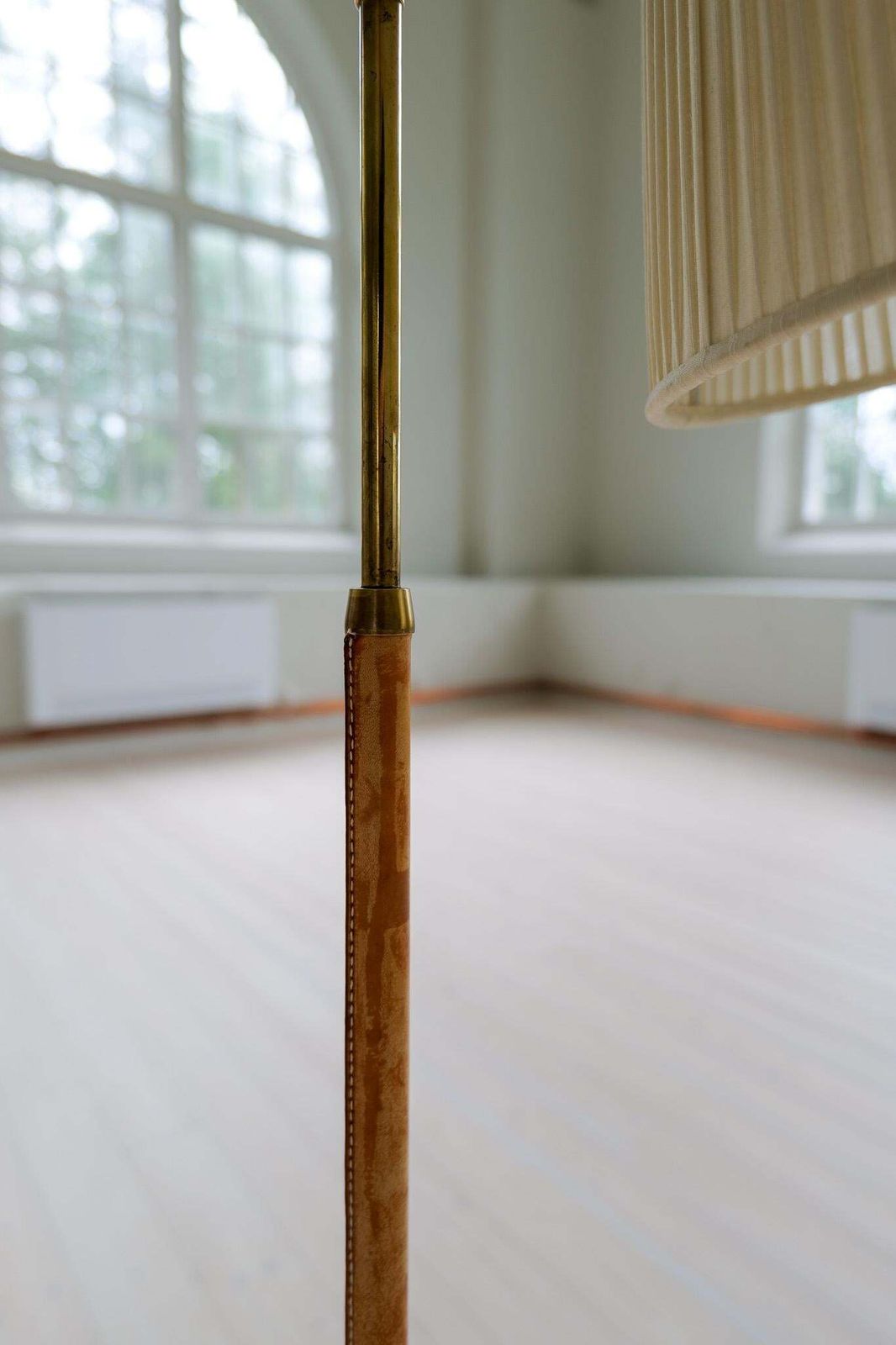 photo buy Mid Century Brass Brown Leather Floor Lamp Falkenbergs Belysning, Sweden, 1960s