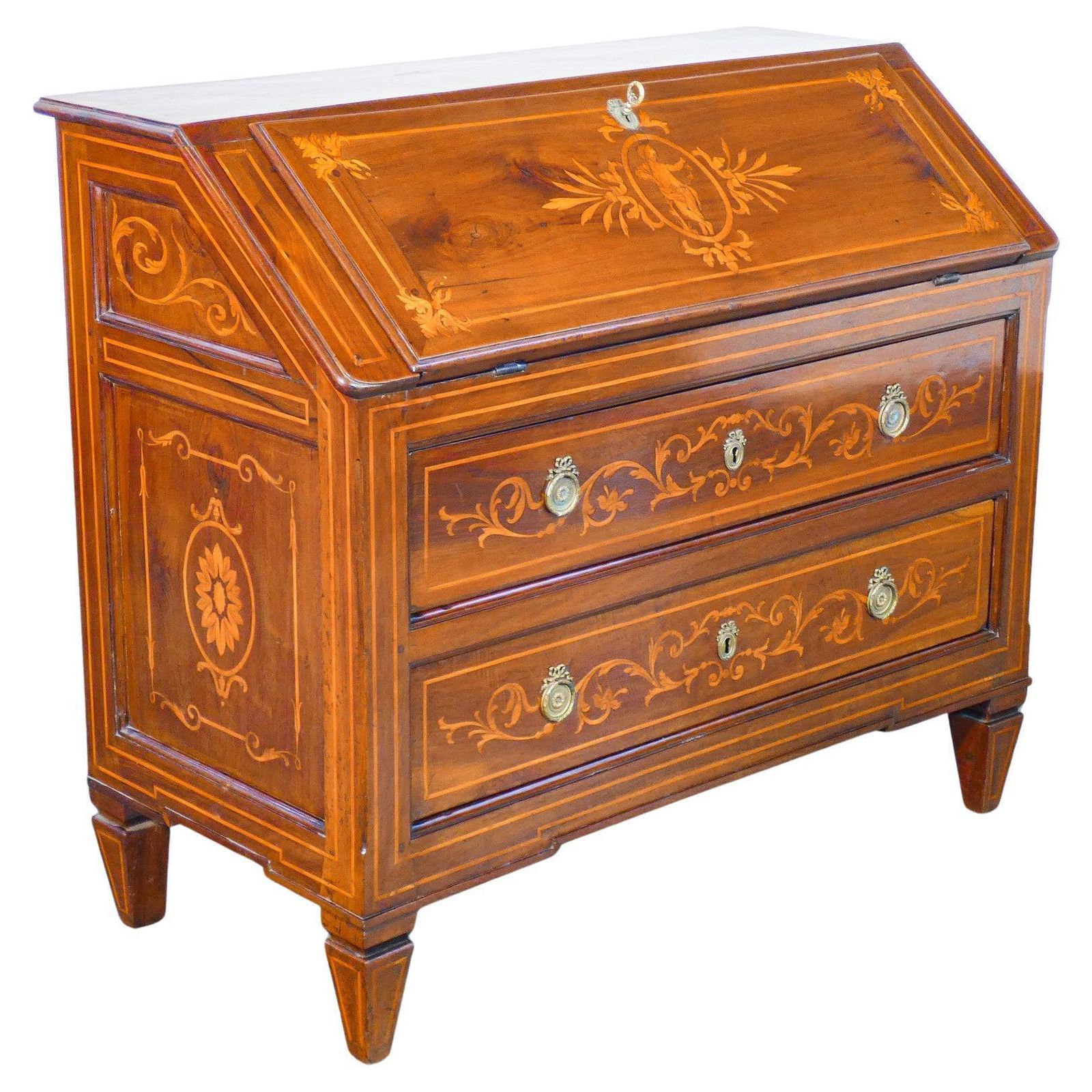 Ribalta Secretaire Luigi XVI In Legno Di Noce Intarsiato. Fine XVIII Sec.