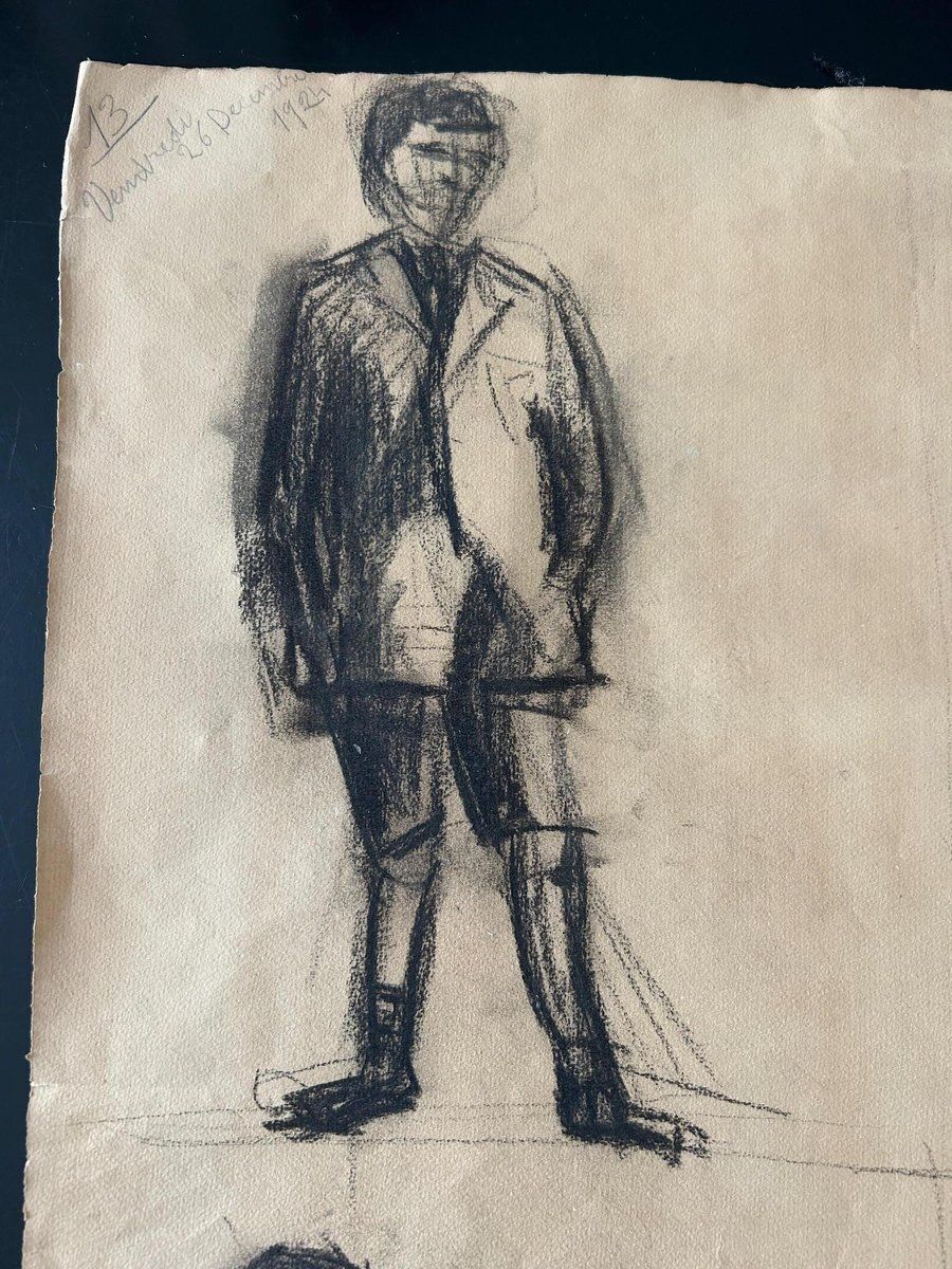3 Sketches, December 1924, Charcoal On Paper, Set Of 3 photo vintage