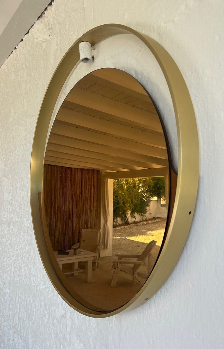 Italian Brass And Smoked Glass Mirror, 1970s photo for sale