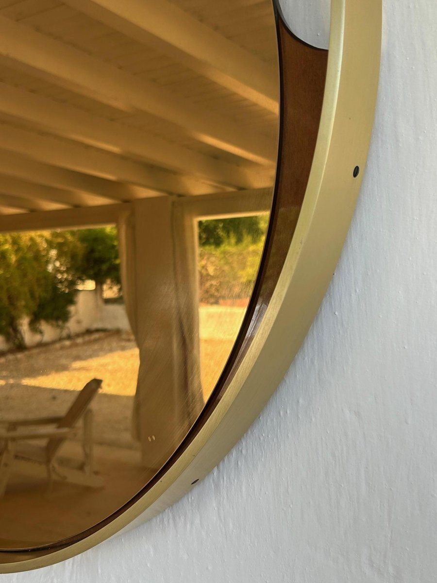 photo for sale Italian Brass And Smoked Glass Mirror, 1970s
